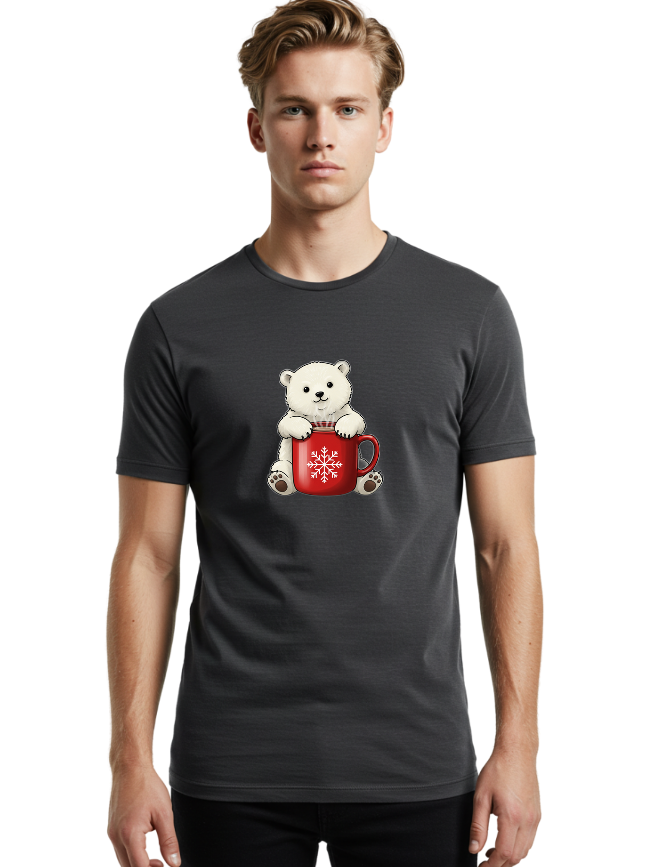 Polar-Bear-In-Mug Men'S Graphic Tee, 100% Cotton, Comfortable Casual Summer Wear, Machine Washable, Polar Bear Holding Red Mug, Snowflake Design, Winter Theme, Christmas Gift, Cute Cartoon Character, Adorable Polar Bear, Holiday Vibes, Bae657 17