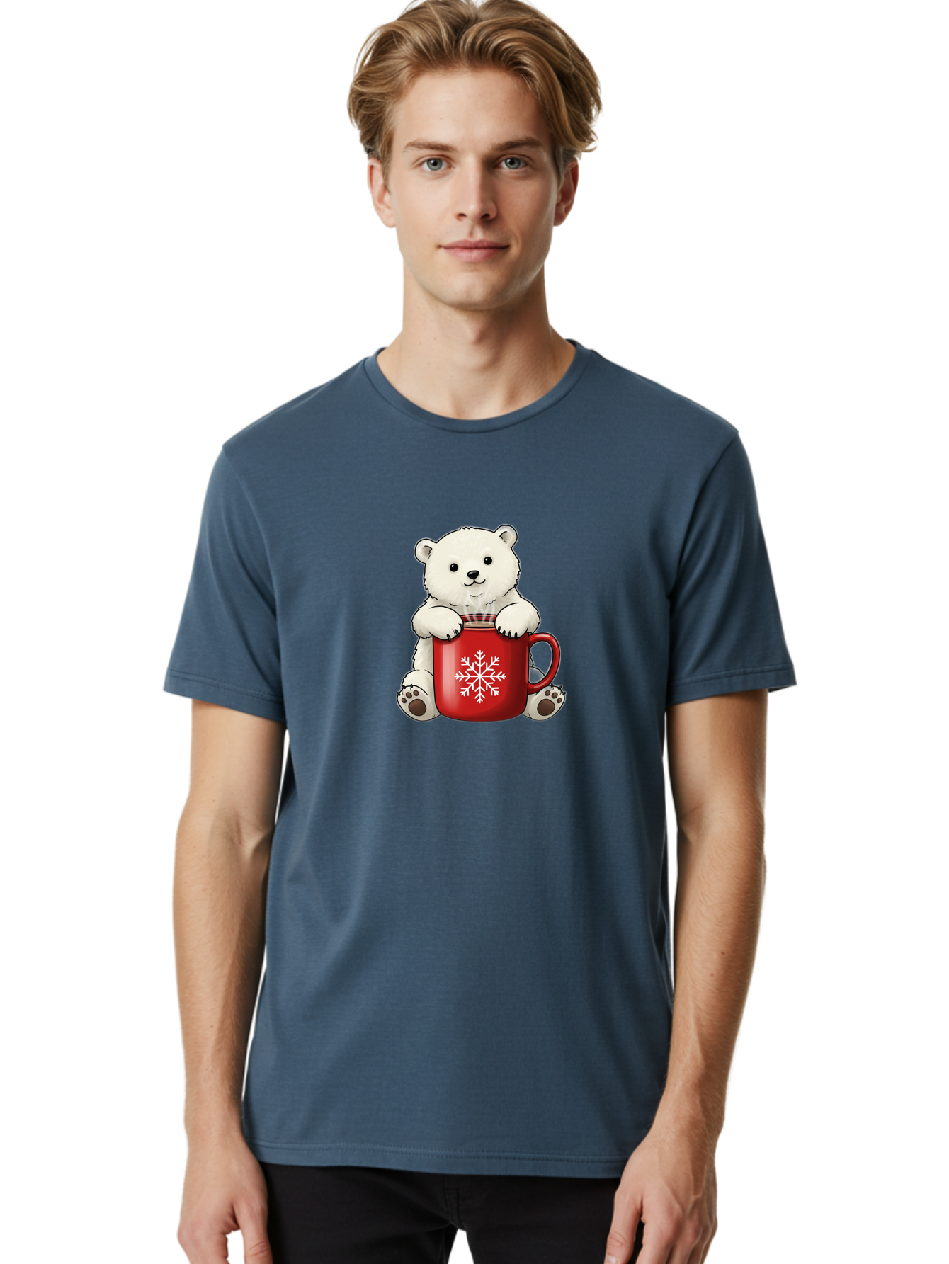 Polar-Bear-In-Mug Men'S Graphic Tee, 100% Cotton, Comfortable Casual Summer Wear, Machine Washable, Polar Bear Holding Red Mug, Snowflake Design, Winter Theme, Christmas Gift, Cute Cartoon Character, Adorable Polar Bear, Holiday Vibes, Bae657 19
