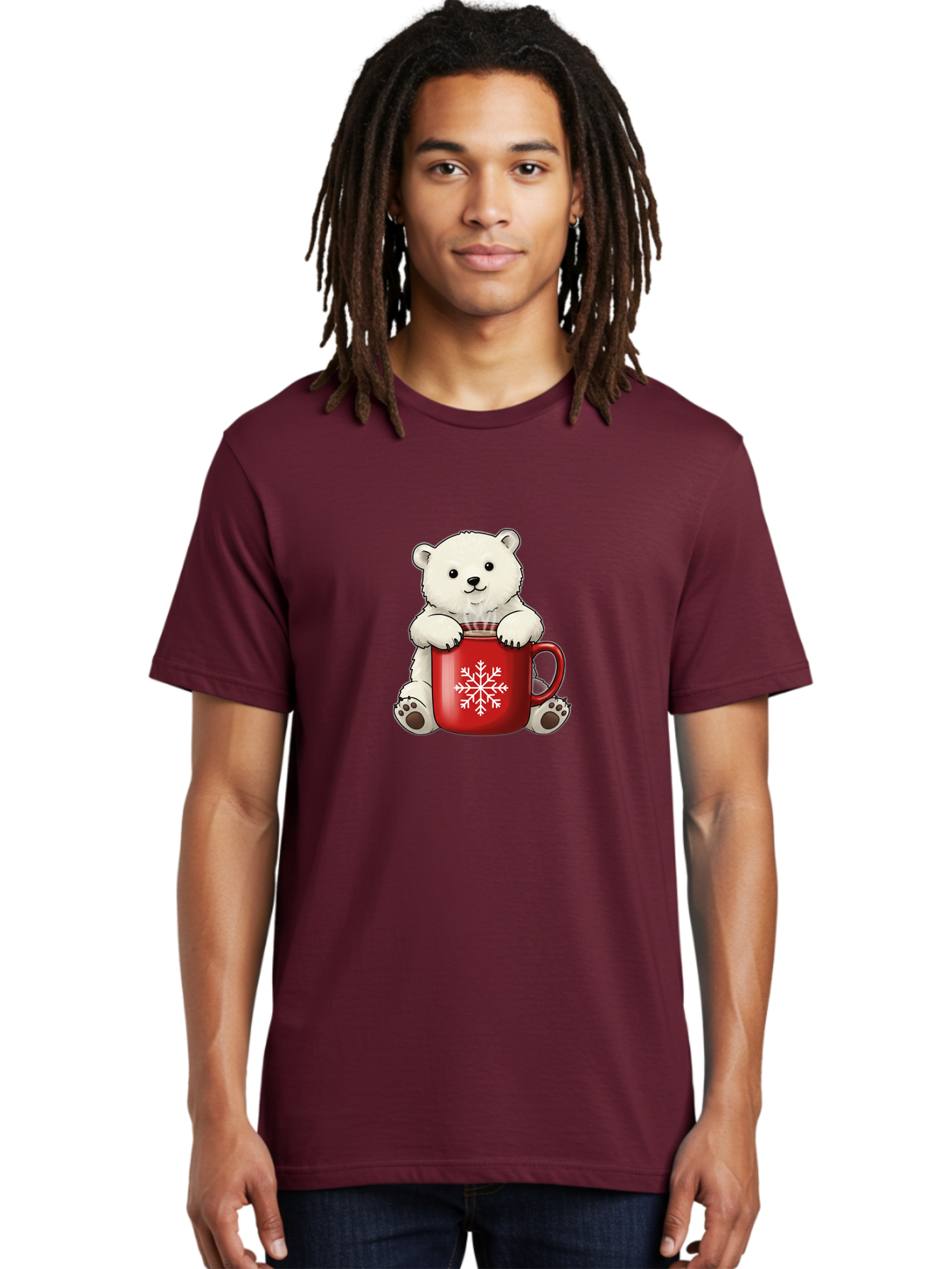 Polar-Bear-In-Mug Men'S Graphic Tee, 100% Cotton, Comfortable Casual Summer Wear, Machine Washable, Polar Bear Holding Red Mug, Snowflake Design, Winter Theme, Christmas Gift, Cute Cartoon Character, Adorable Polar Bear, Holiday Vibes, Bae657 20