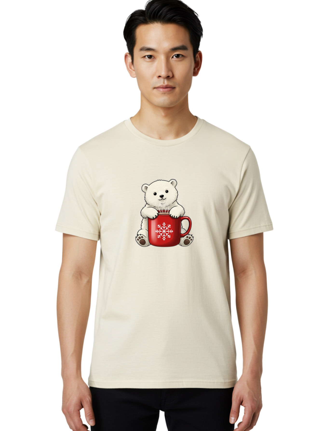 Polar-Bear-In-Mug Men'S Graphic Tee, 100% Cotton, Comfortable Casual Summer Wear, Machine Washable, Polar Bear Holding Red Mug, Snowflake Design, Winter Theme, Christmas Gift, Cute Cartoon Character, Adorable Polar Bear, Holiday Vibes, Bae657 27