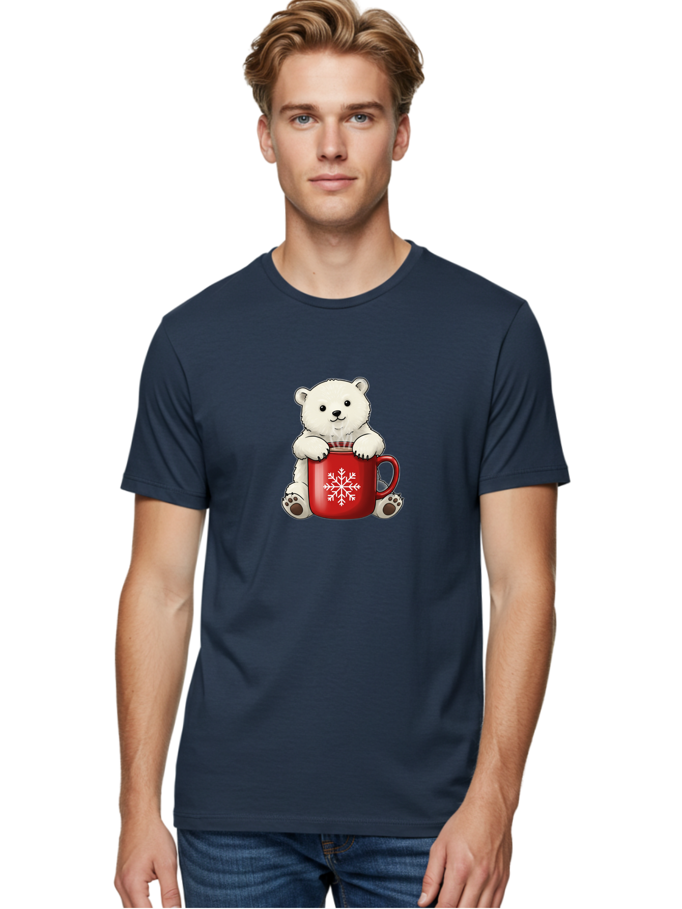 Polar-Bear-In-Mug Men'S Graphic Tee, 100% Cotton, Comfortable Casual Summer Wear, Machine Washable, Polar Bear Holding Red Mug, Snowflake Design, Winter Theme, Christmas Gift, Cute Cartoon Character, Adorable Polar Bear, Holiday Vibes, Bae657 22