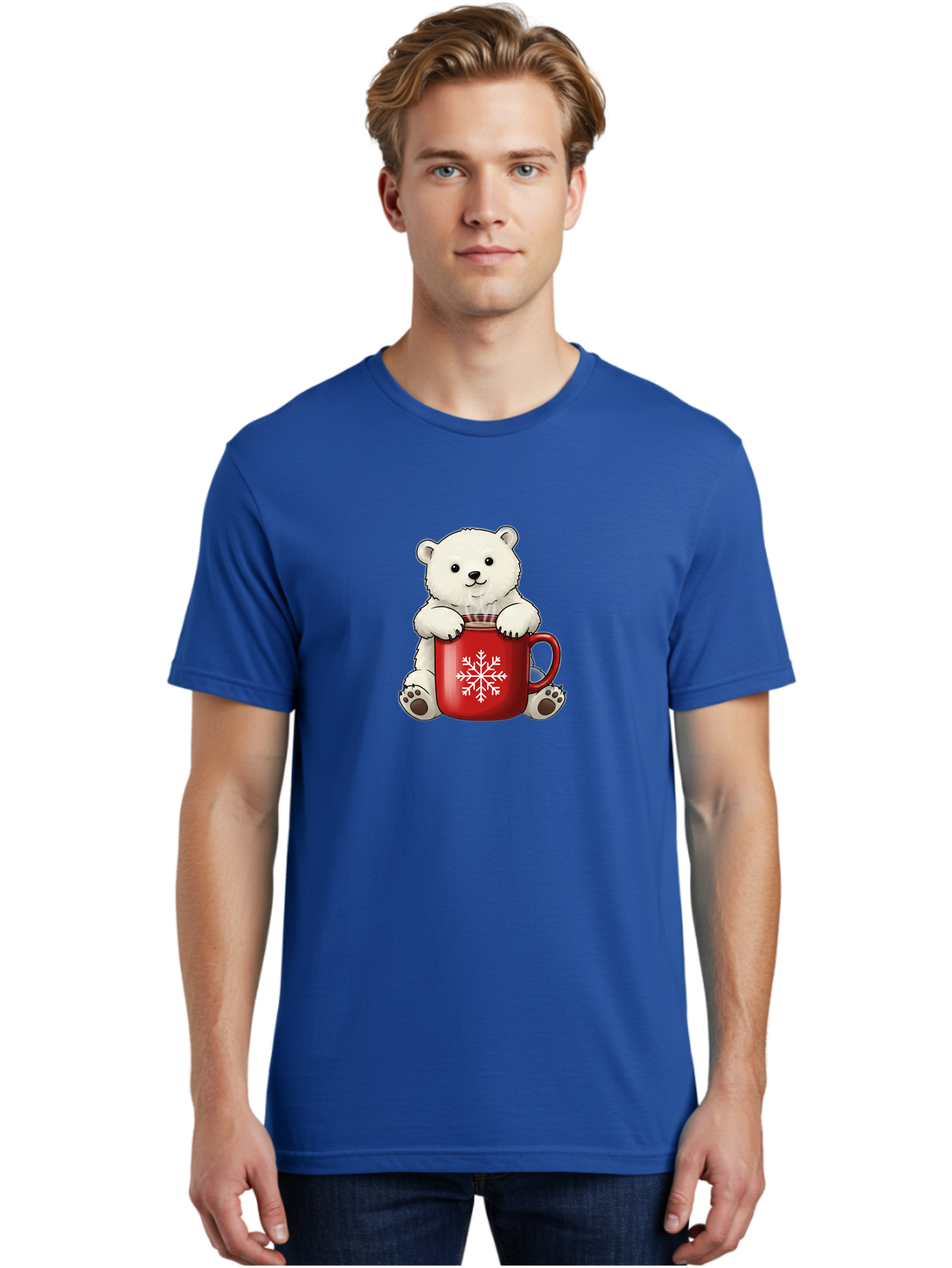 Polar-Bear-In-Mug Men'S Graphic Tee, 100% Cotton, Comfortable Casual Summer Wear, Machine Washable, Polar Bear Holding Red Mug, Snowflake Design, Winter Theme, Christmas Gift, Cute Cartoon Character, Adorable Polar Bear, Holiday Vibes, Bae657 18