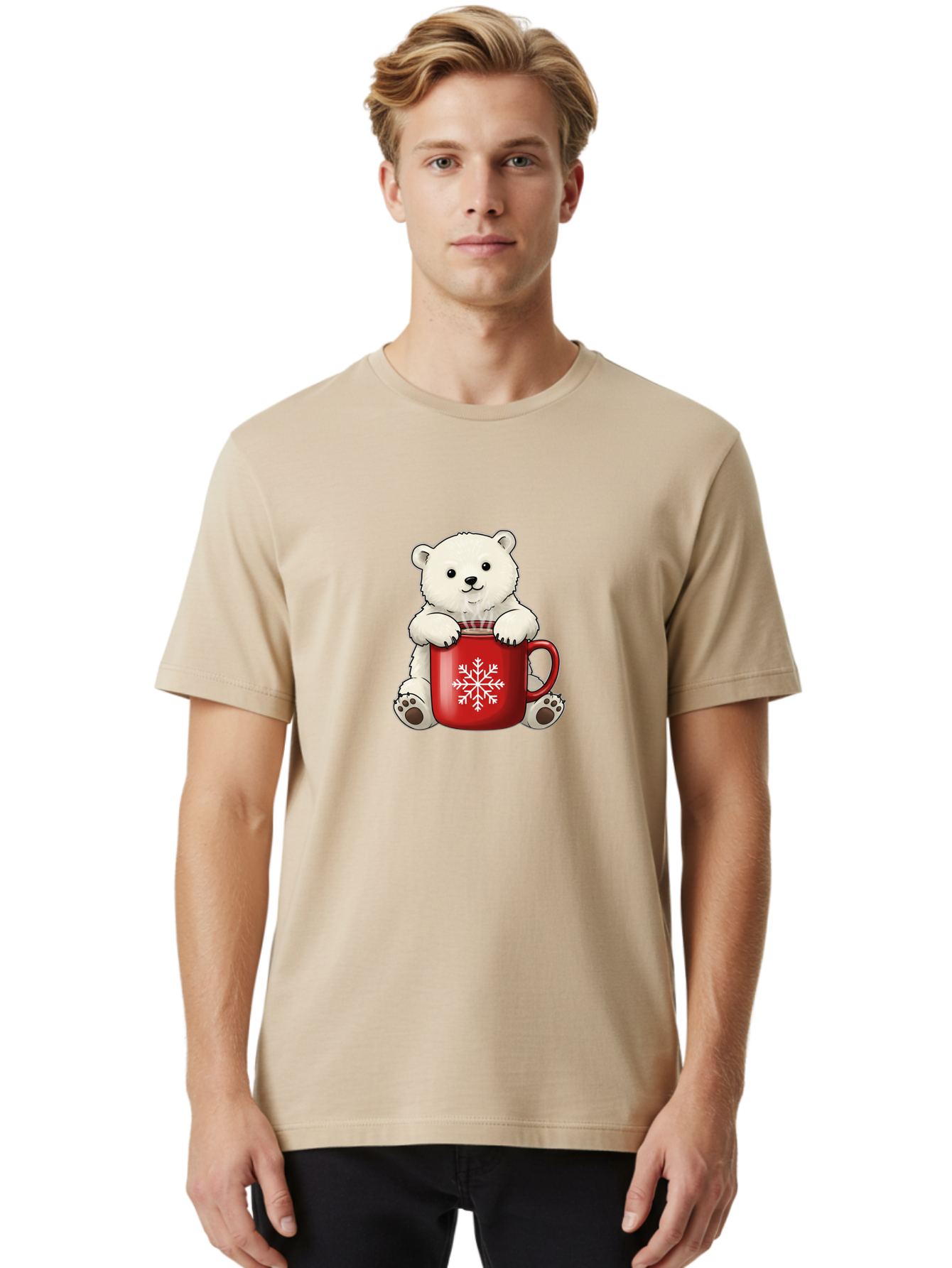 Polar-Bear-In-Mug Men'S Graphic Tee, 100% Cotton, Comfortable Casual Summer Wear, Machine Washable, Polar Bear Holding Red Mug, Snowflake Design, Winter Theme, Christmas Gift, Cute Cartoon Character, Adorable Polar Bear, Holiday Vibes, Bae657 30