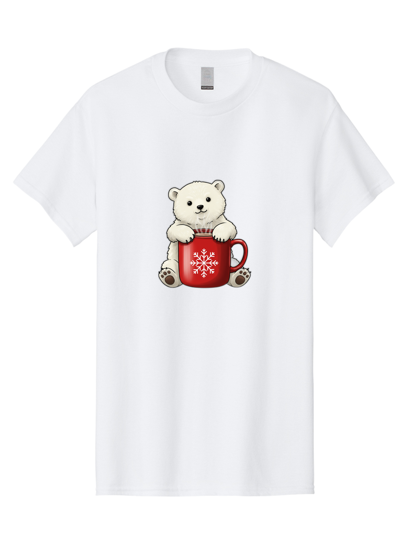Polar-Bear-In-Mug Men'S Graphic Tee, 100% Cotton, Comfortable Casual Summer Wear, Machine Washable, Polar Bear Holding Red Mug, Snowflake Design, Winter Theme, Christmas Gift, Cute Cartoon Character, Adorable Polar Bear, Holiday Vibes, Bae657 1