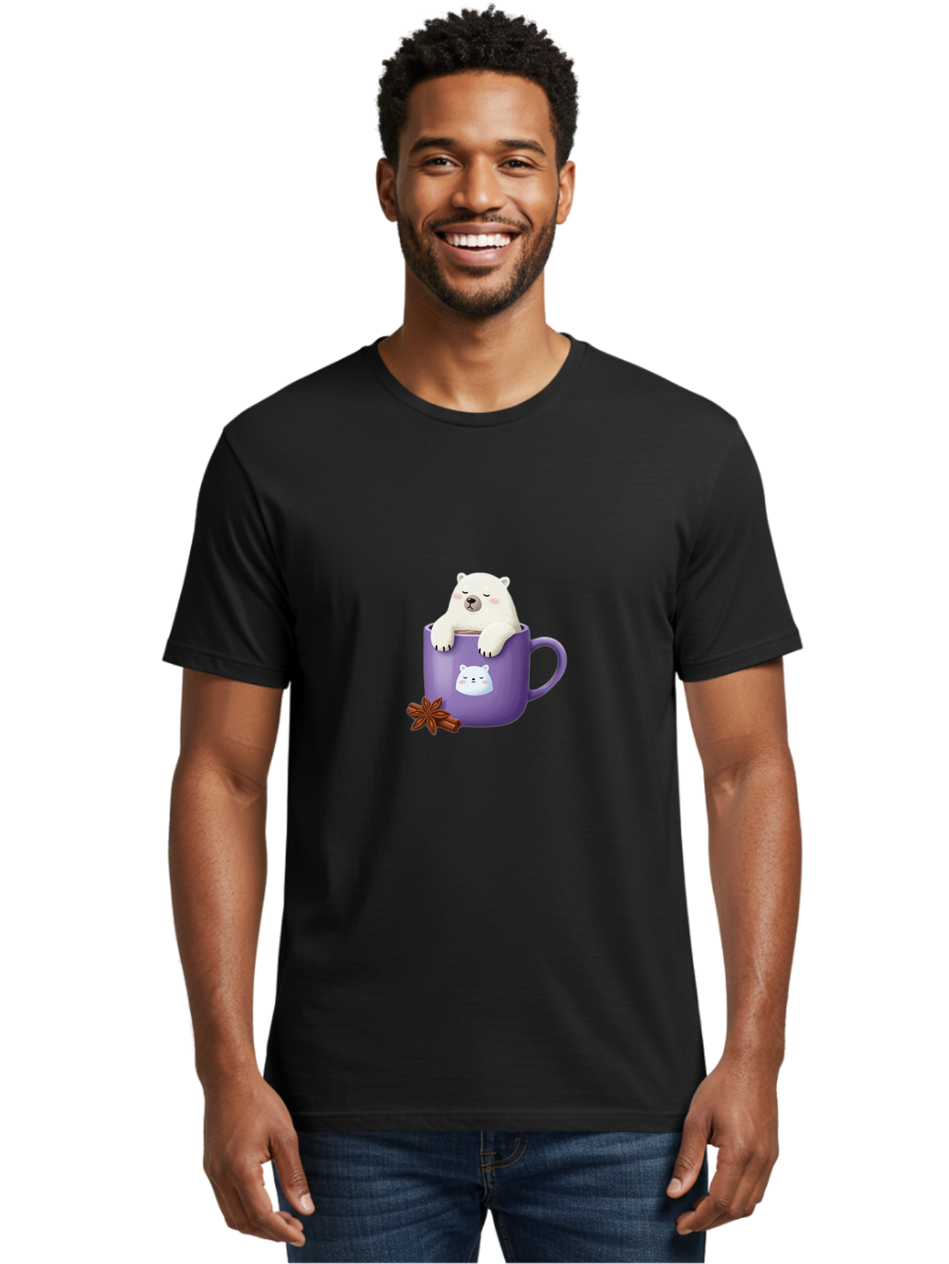 Polar-Bear-Mug-1 Men'S Graphic Tee, 100% Cotton, Comfortable Casual Summer Wear, Machine Washable, Polar Bear In A Tea Cup, Cute Bear Design, Adorable Cartoon Character, Purple Mug With Bear Face, Star Anise And Cinnamon Sticks, Bae658 20