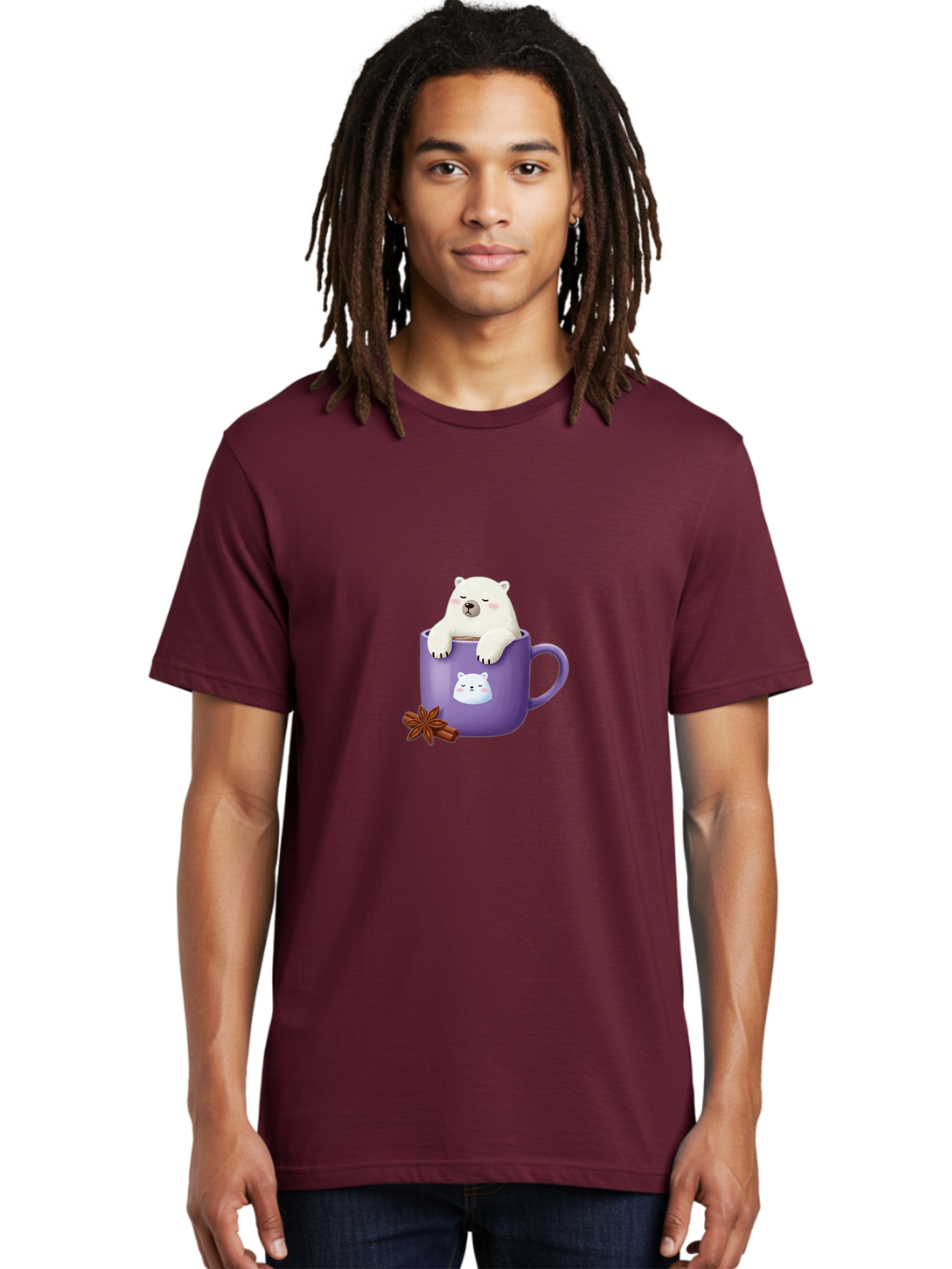 Polar-Bear-Mug-1 Men'S Graphic Tee, 100% Cotton, Comfortable Casual Summer Wear, Machine Washable, Polar Bear In A Tea Cup, Cute Bear Design, Adorable Cartoon Character, Purple Mug With Bear Face, Star Anise And Cinnamon Sticks, Bae658 27
