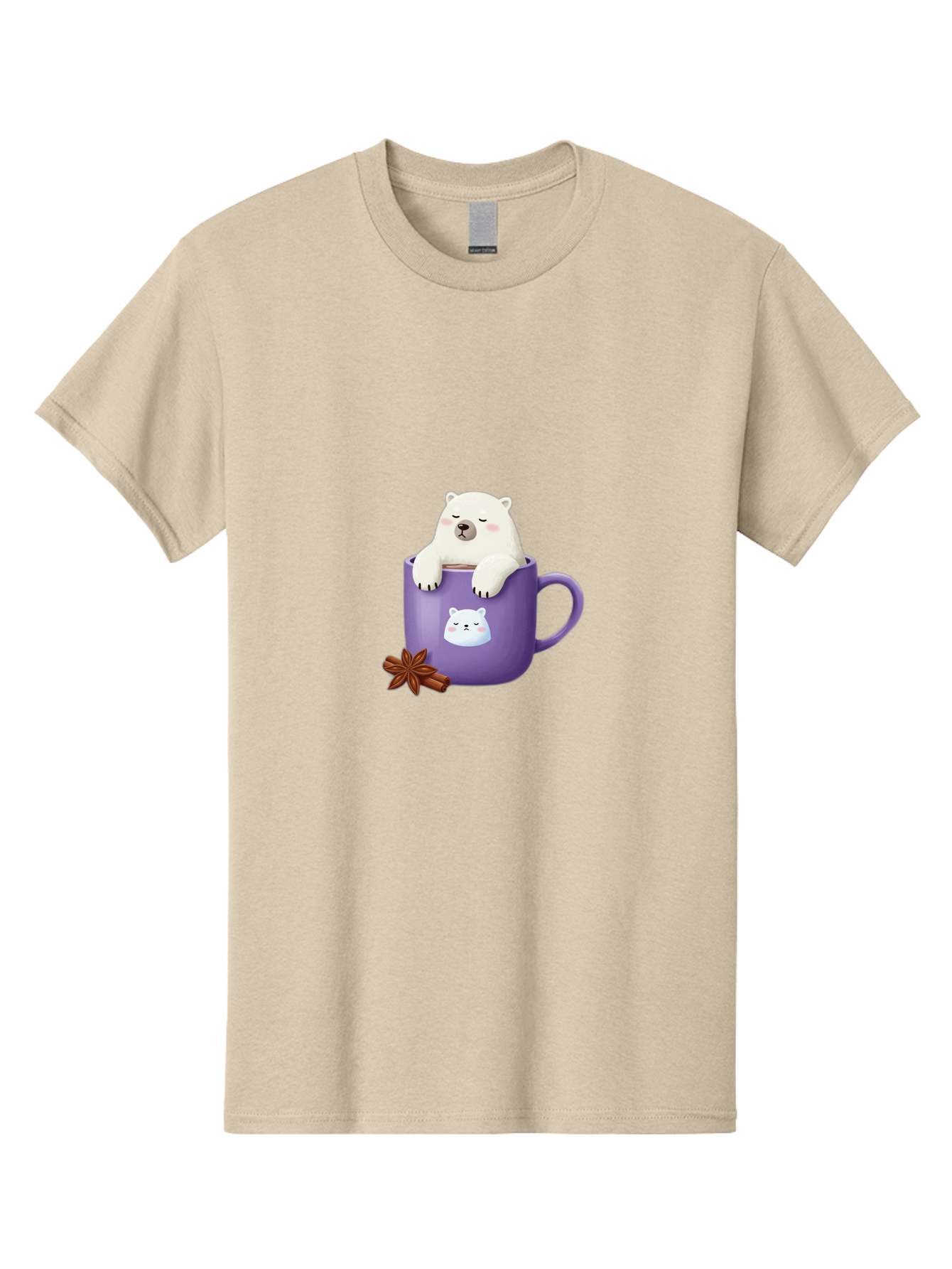 Polar-Bear-Mug-1 Men'S Graphic Tee, 100% Cotton, Comfortable Casual Summer Wear, Machine Washable, Polar Bear In A Tea Cup, Cute Bear Design, Adorable Cartoon Character, Purple Mug With Bear Face, Star Anise And Cinnamon Sticks, Bae658 8