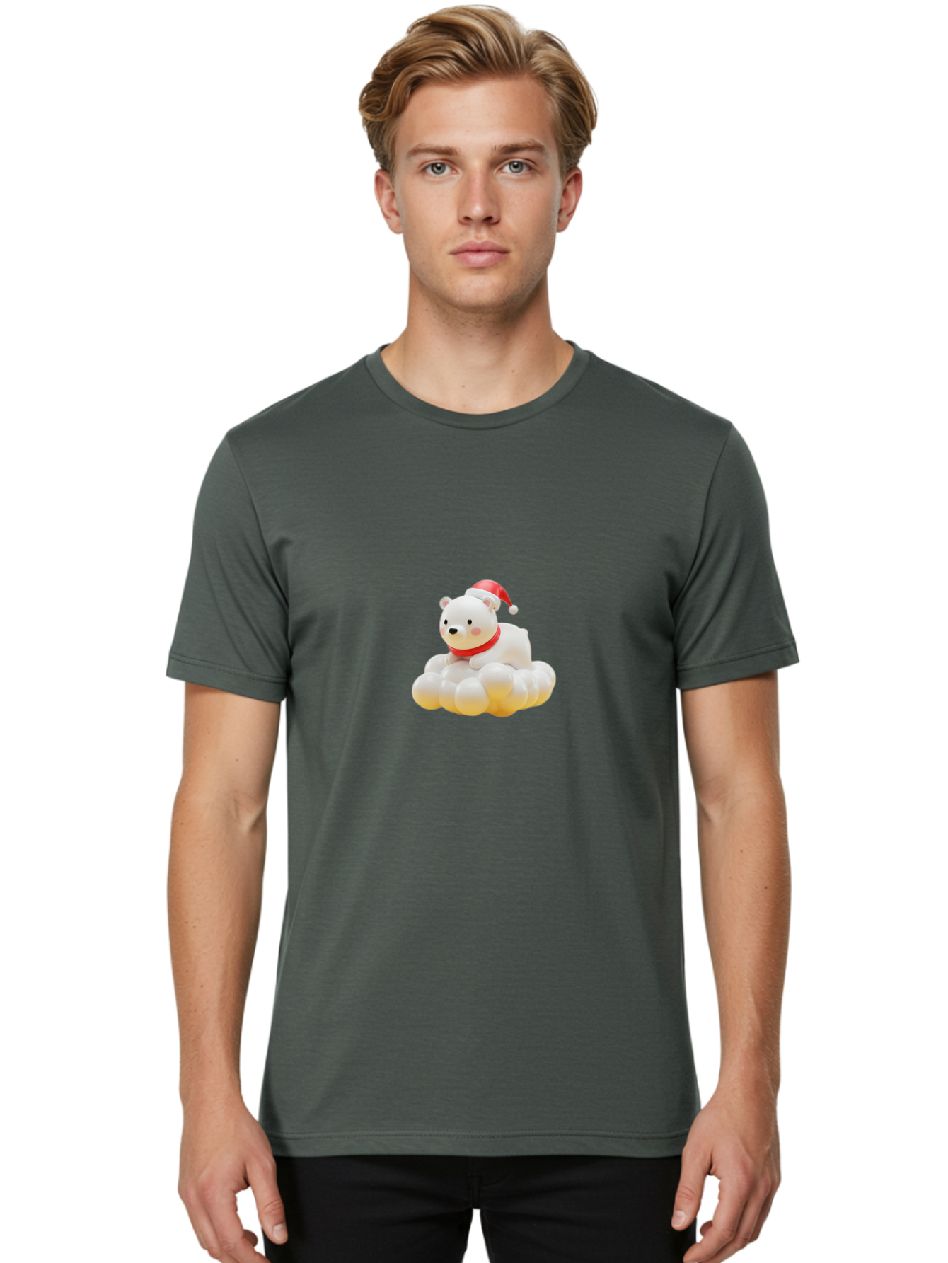 Polar-Bear-On-Cloud Men'S Graphic Tee, 100% Cotton, Comfortable Casual Summer Wear, Machine Washable, White Polar Bear, Red Santa Hat, Red Scarf, Cute Figurine, Christmas Decoration, Holiday Icon, Winter Wonderland, Festive Character Bae663 20