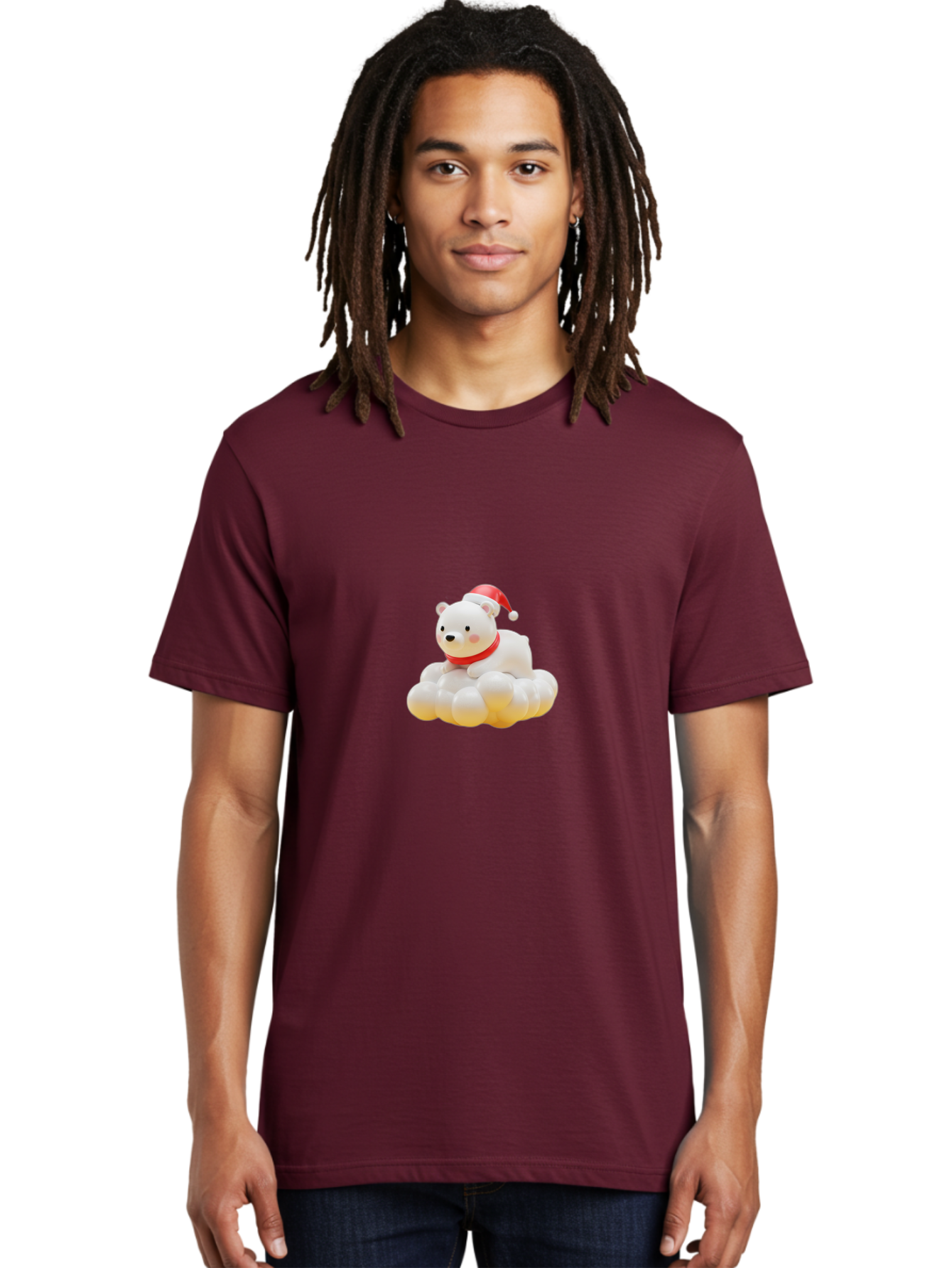 Polar-Bear-On-Cloud Men'S Graphic Tee, 100% Cotton, Comfortable Casual Summer Wear, Machine Washable, White Polar Bear, Red Santa Hat, Red Scarf, Cute Figurine, Christmas Decoration, Holiday Icon, Winter Wonderland, Festive Character Bae663 16