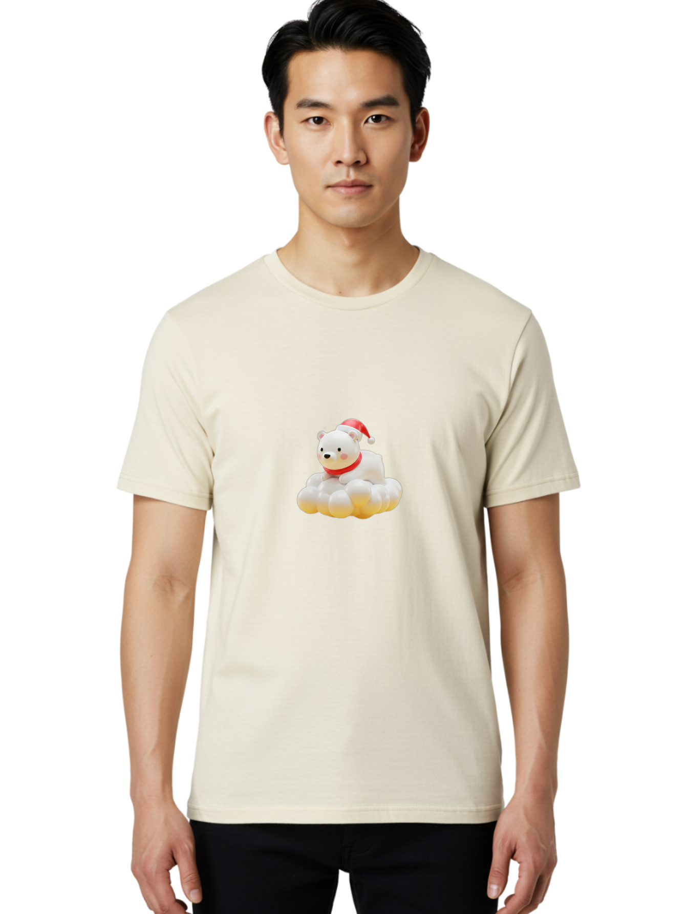 Polar-Bear-On-Cloud Men'S Graphic Tee, 100% Cotton, Comfortable Casual Summer Wear, Machine Washable, White Polar Bear, Red Santa Hat, Red Scarf, Cute Figurine, Christmas Decoration, Holiday Icon, Winter Wonderland, Festive Character Bae663 24
