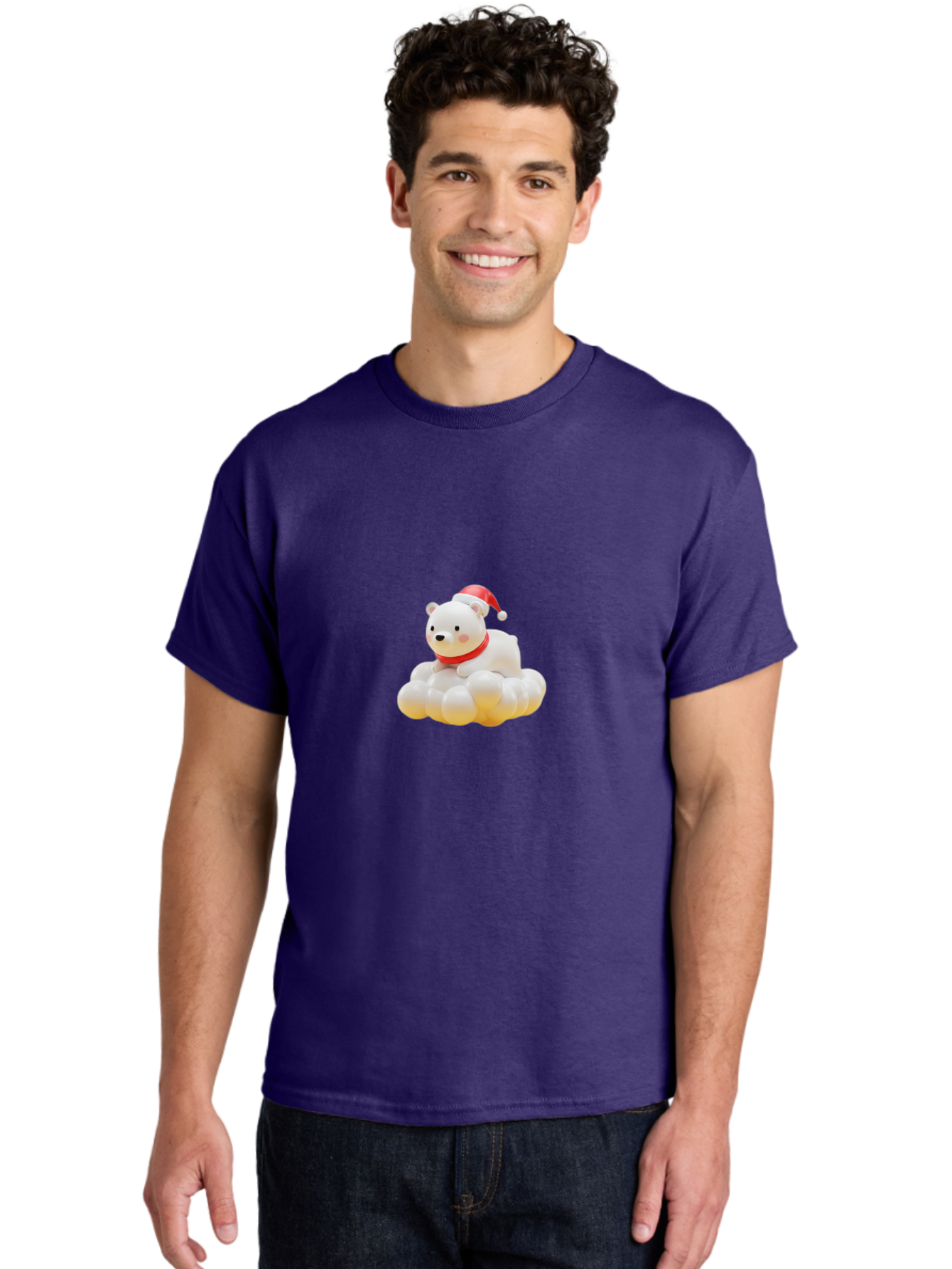 Polar-Bear-On-Cloud Men'S Graphic Tee, 100% Cotton, Comfortable Casual Summer Wear, Machine Washable, White Polar Bear, Red Santa Hat, Red Scarf, Cute Figurine, Christmas Decoration, Holiday Icon, Winter Wonderland, Festive Character Bae663 27