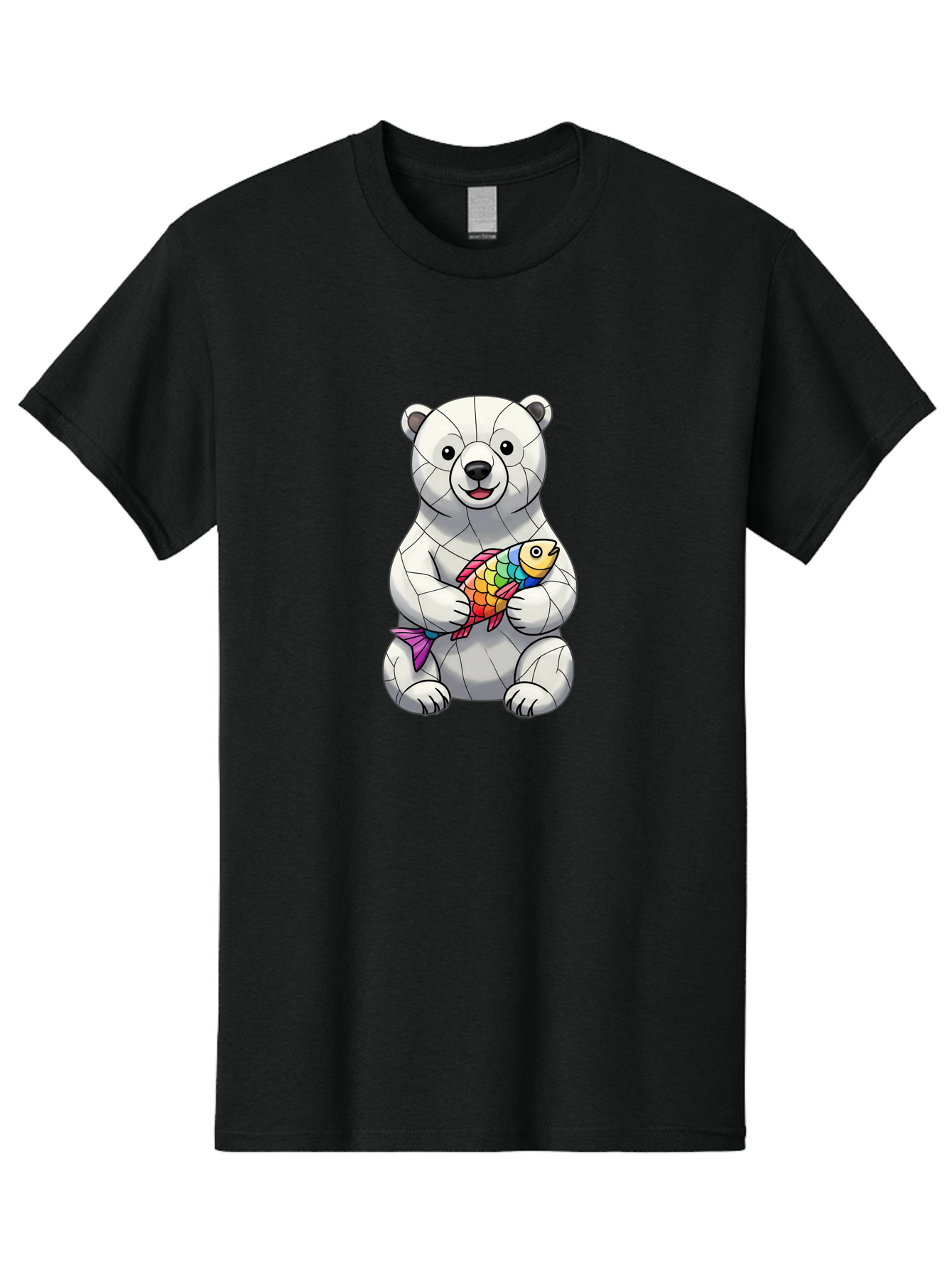 Polar-Bear-With-Fish-2 Men'S Graphic Tee, 100% Cotton, Comfortable Casual Summer Wear, Machine Washable, Polar Bear Holding Koi Fish, Cartoon Polar Bear, Rainbow Fish, White Bear, Colorful Art, Digital Illustration, Cute Bear, Playful Design, Bae671 9