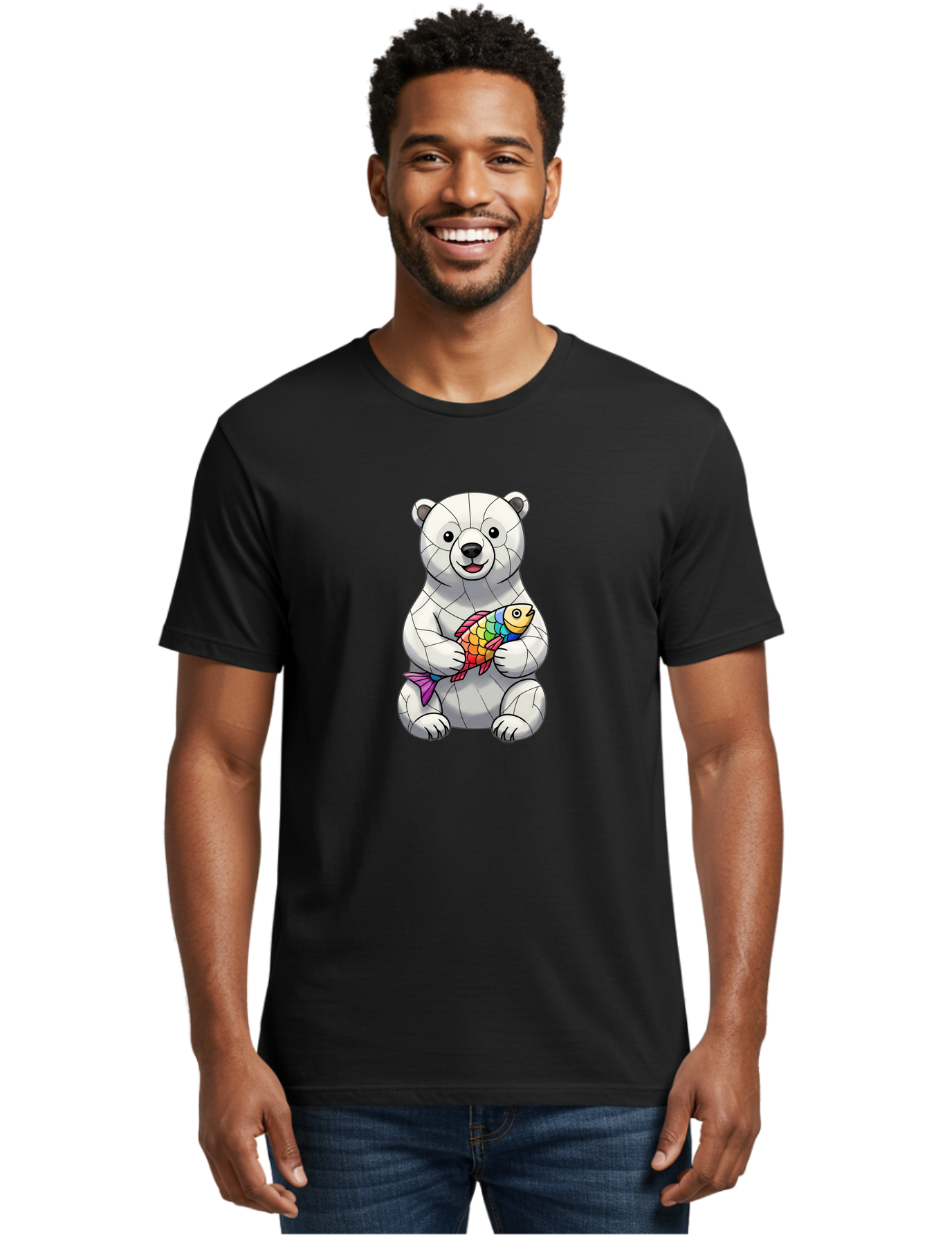 Polar-Bear-With-Fish-2 Men'S Graphic Tee, 100% Cotton, Comfortable Casual Summer Wear, Machine Washable, Polar Bear Holding Koi Fish, Cartoon Polar Bear, Rainbow Fish, White Bear, Colorful Art, Digital Illustration, Cute Bear, Playful Design, Bae671 24