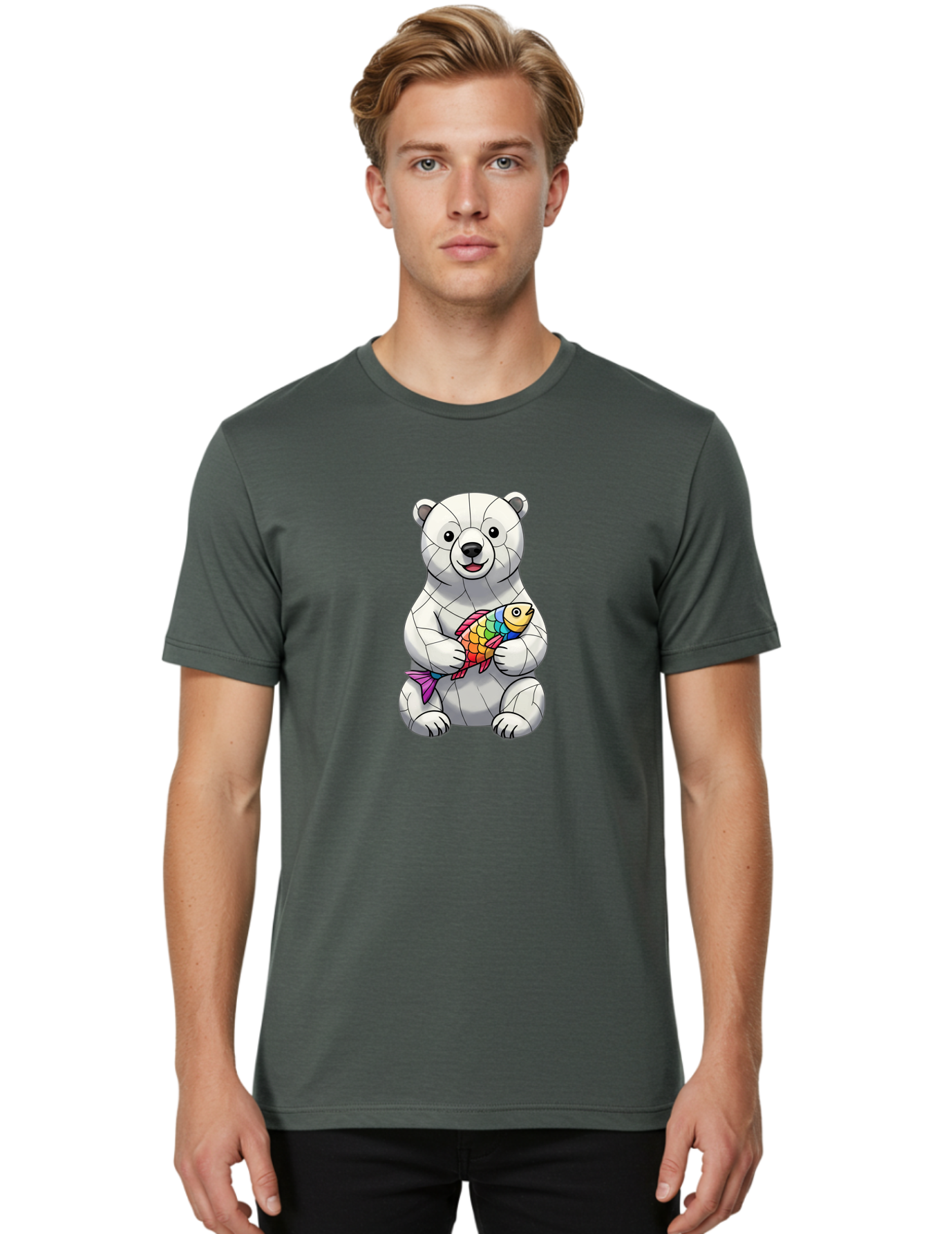 Polar-Bear-With-Fish-2 Men'S Graphic Tee, 100% Cotton, Comfortable Casual Summer Wear, Machine Washable, Polar Bear Holding Koi Fish, Cartoon Polar Bear, Rainbow Fish, White Bear, Colorful Art, Digital Illustration, Cute Bear, Playful Design, Bae671 18