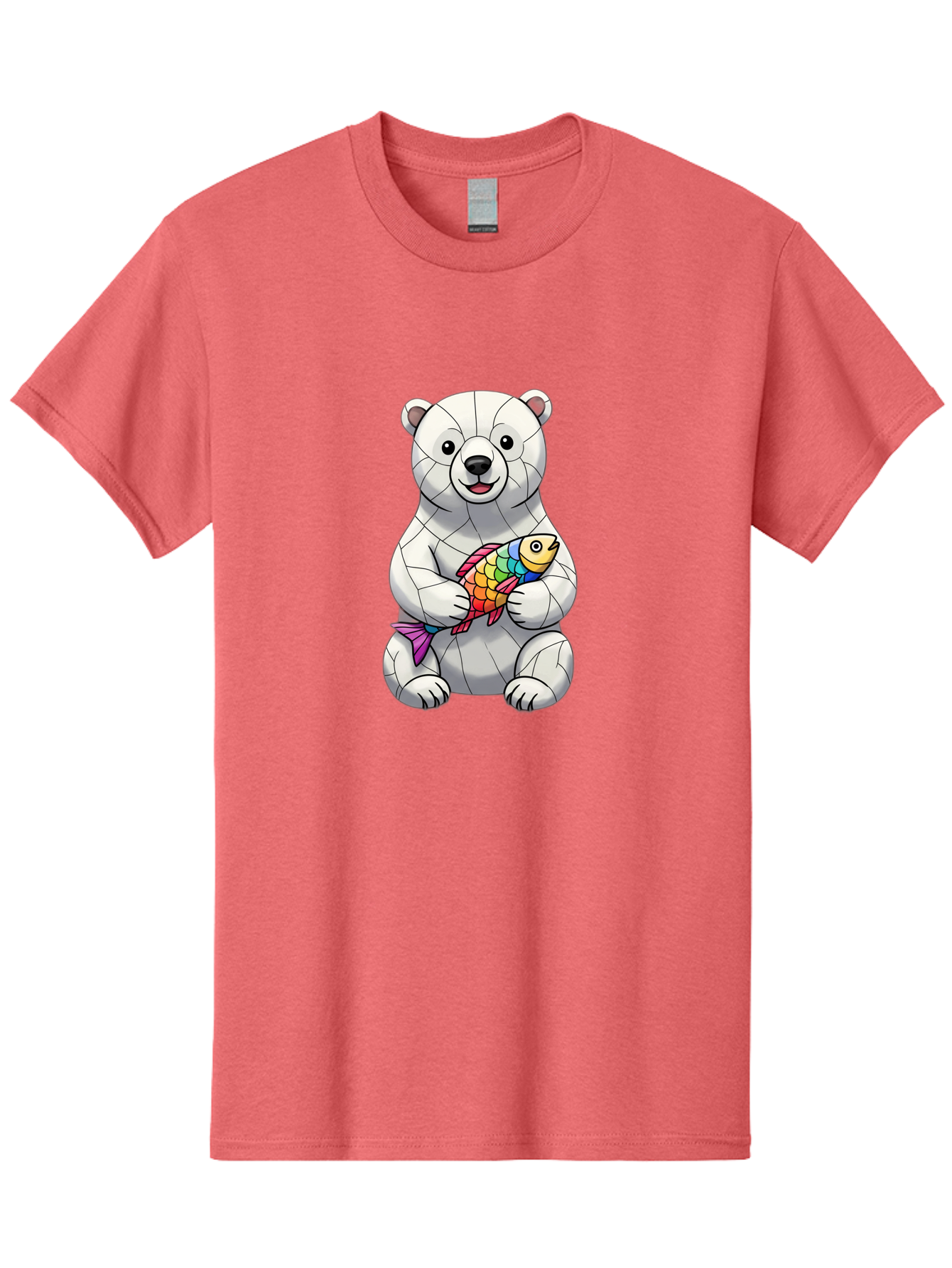 Polar-Bear-With-Fish-2 Men'S Graphic Tee, 100% Cotton, Comfortable Casual Summer Wear, Machine Washable, Polar Bear Holding Koi Fish, Cartoon Polar Bear, Rainbow Fish, White Bear, Colorful Art, Digital Illustration, Cute Bear, Playful Design, Bae671 4