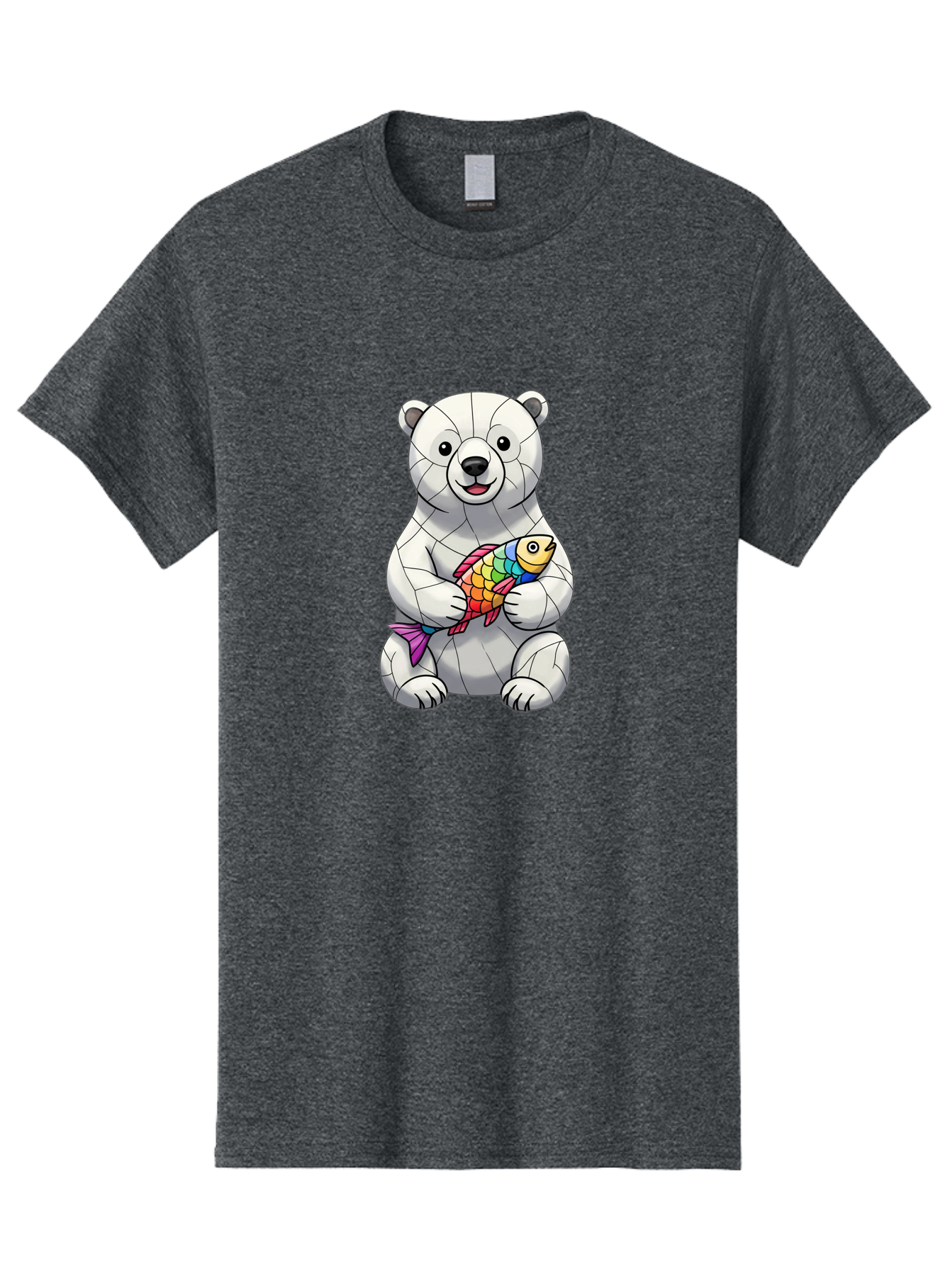 Polar-Bear-With-Fish-2 Men'S Graphic Tee, 100% Cotton, Comfortable Casual Summer Wear, Machine Washable, Polar Bear Holding Koi Fish, Cartoon Polar Bear, Rainbow Fish, White Bear, Colorful Art, Digital Illustration, Cute Bear, Playful Design, Bae671 5