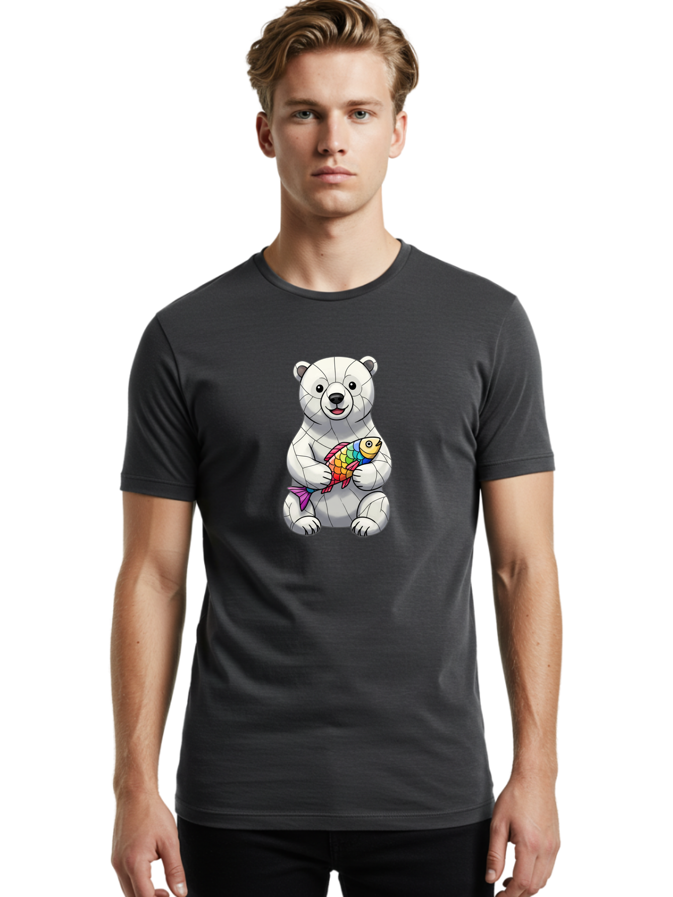 Polar-Bear-With-Fish-2 Men'S Graphic Tee, 100% Cotton, Comfortable Casual Summer Wear, Machine Washable, Polar Bear Holding Koi Fish, Cartoon Polar Bear, Rainbow Fish, White Bear, Colorful Art, Digital Illustration, Cute Bear, Playful Design, Bae671 20