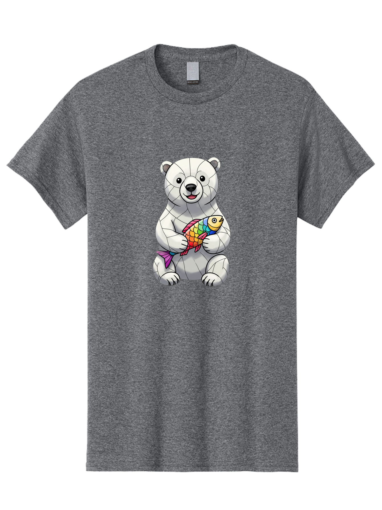 Polar-Bear-With-Fish-2 Men'S Graphic Tee, 100% Cotton, Comfortable Casual Summer Wear, Machine Washable, Polar Bear Holding Koi Fish, Cartoon Polar Bear, Rainbow Fish, White Bear, Colorful Art, Digital Illustration, Cute Bear, Playful Design, Bae671 7