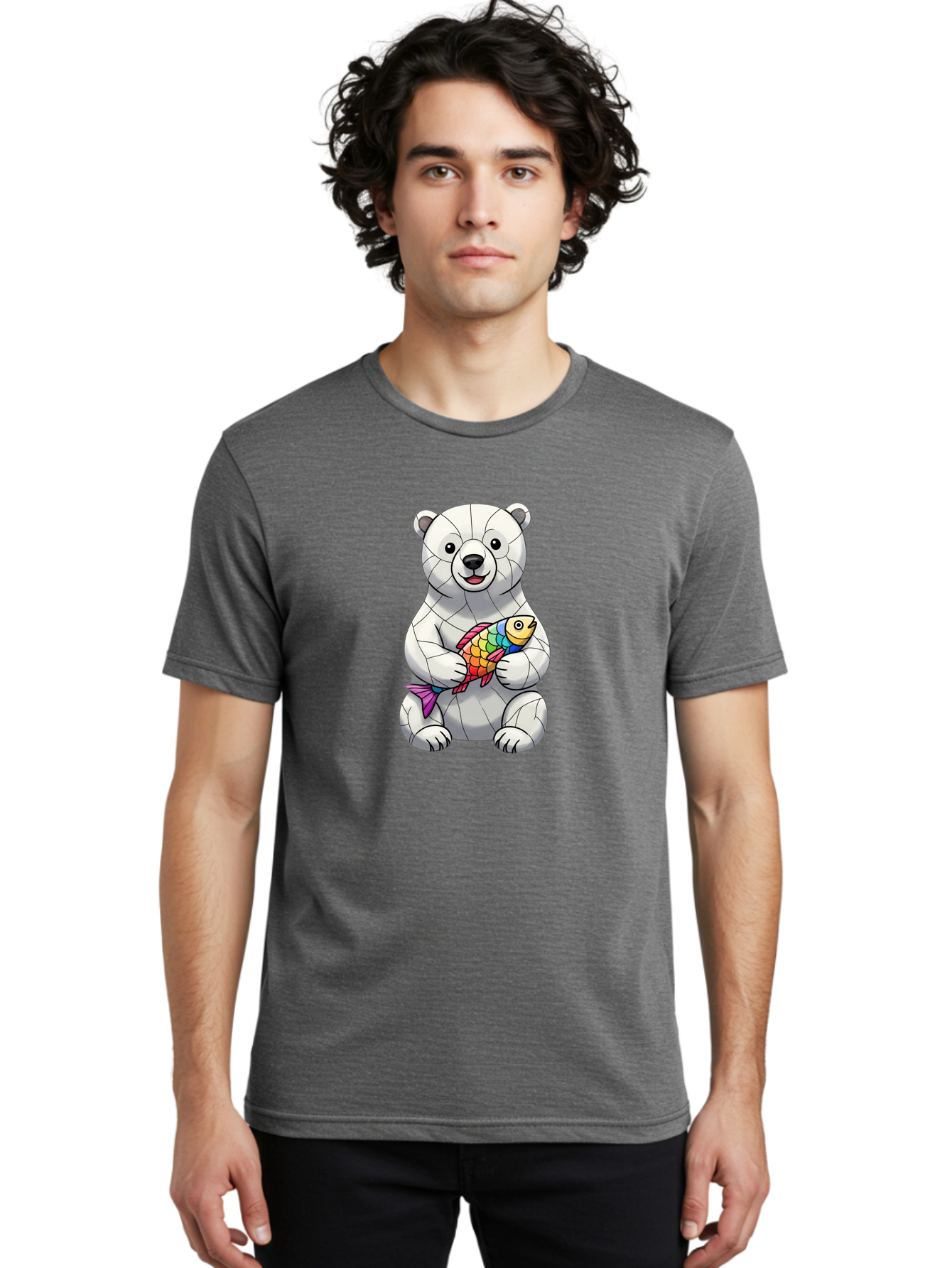 Polar-Bear-With-Fish-2 Men'S Graphic Tee, 100% Cotton, Comfortable Casual Summer Wear, Machine Washable, Polar Bear Holding Koi Fish, Cartoon Polar Bear, Rainbow Fish, White Bear, Colorful Art, Digital Illustration, Cute Bear, Playful Design, Bae671 22