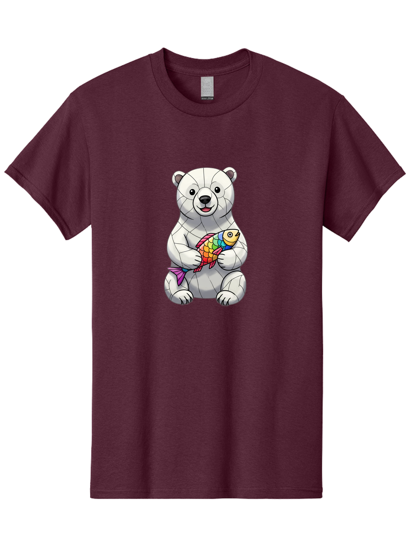 Polar-Bear-With-Fish-2 Men'S Graphic Tee, 100% Cotton, Comfortable Casual Summer Wear, Machine Washable, Polar Bear Holding Koi Fish, Cartoon Polar Bear, Rainbow Fish, White Bear, Colorful Art, Digital Illustration, Cute Bear, Playful Design, Bae671 6