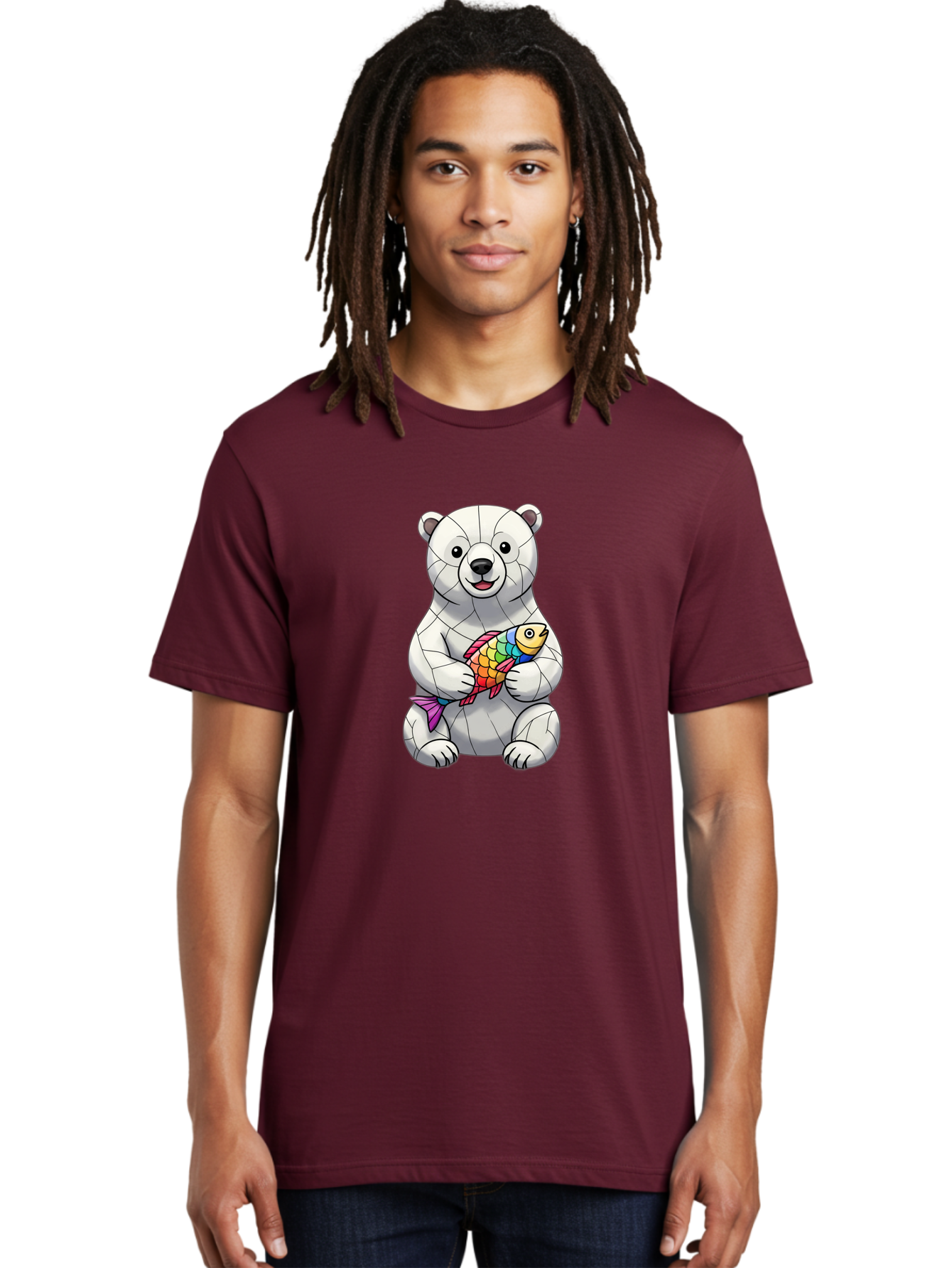 Polar-Bear-With-Fish-2 Men'S Graphic Tee, 100% Cotton, Comfortable Casual Summer Wear, Machine Washable, Polar Bear Holding Koi Fish, Cartoon Polar Bear, Rainbow Fish, White Bear, Colorful Art, Digital Illustration, Cute Bear, Playful Design, Bae671 21