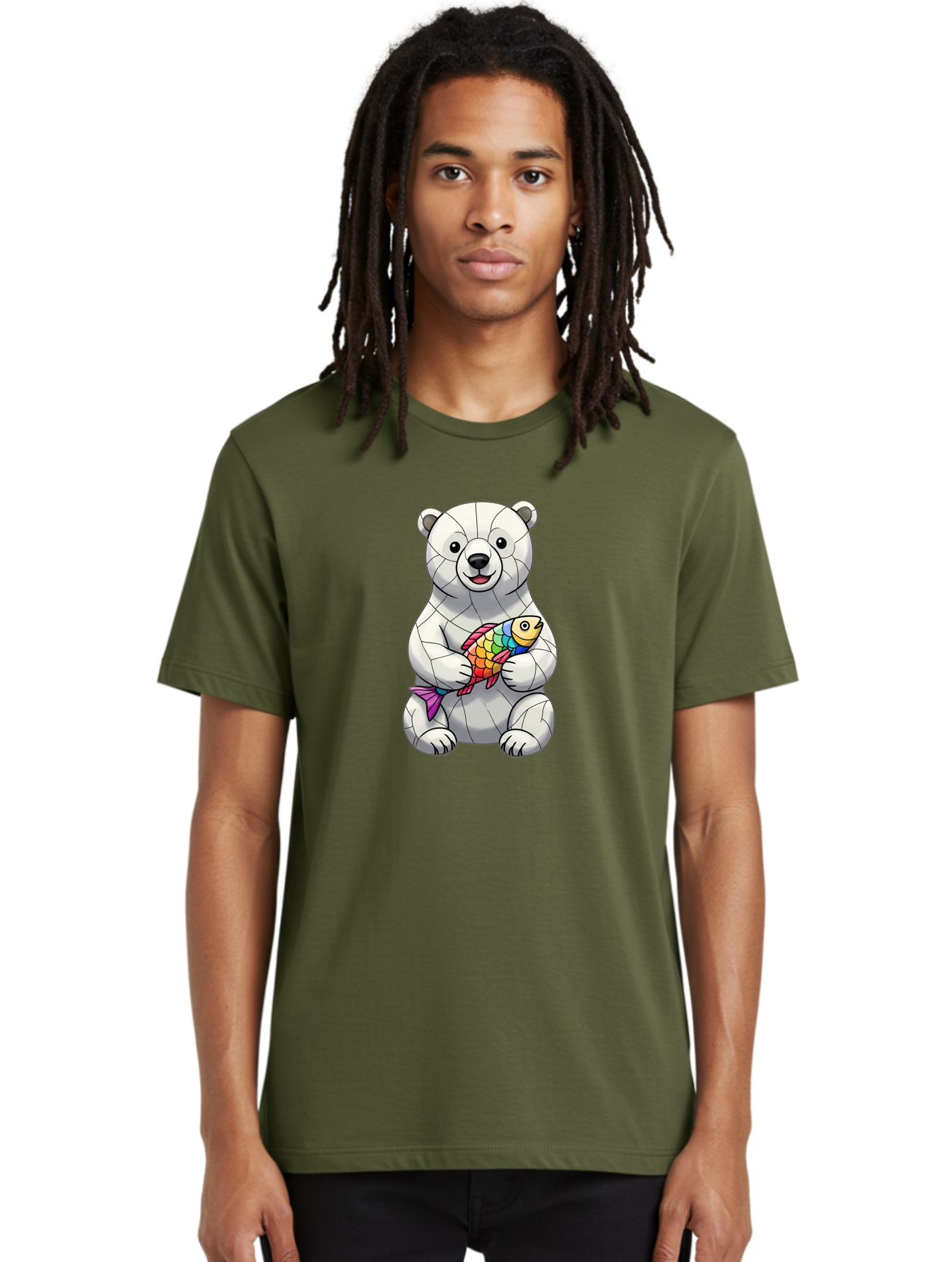 Polar-Bear-With-Fish-2 Men'S Graphic Tee, 100% Cotton, Comfortable Casual Summer Wear, Machine Washable, Polar Bear Holding Koi Fish, Cartoon Polar Bear, Rainbow Fish, White Bear, Colorful Art, Digital Illustration, Cute Bear, Playful Design, Bae671 16