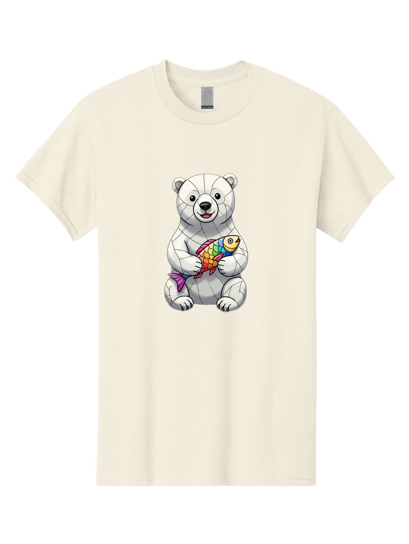 Polar-Bear-With-Fish-2 Men'S Graphic Tee, 100% Cotton, Comfortable Casual Summer Wear, Machine Washable, Polar Bear Holding Koi Fish, Cartoon Polar Bear, Rainbow Fish, White Bear, Colorful Art, Digital Illustration, Cute Bear, Playful Design, Bae671 10