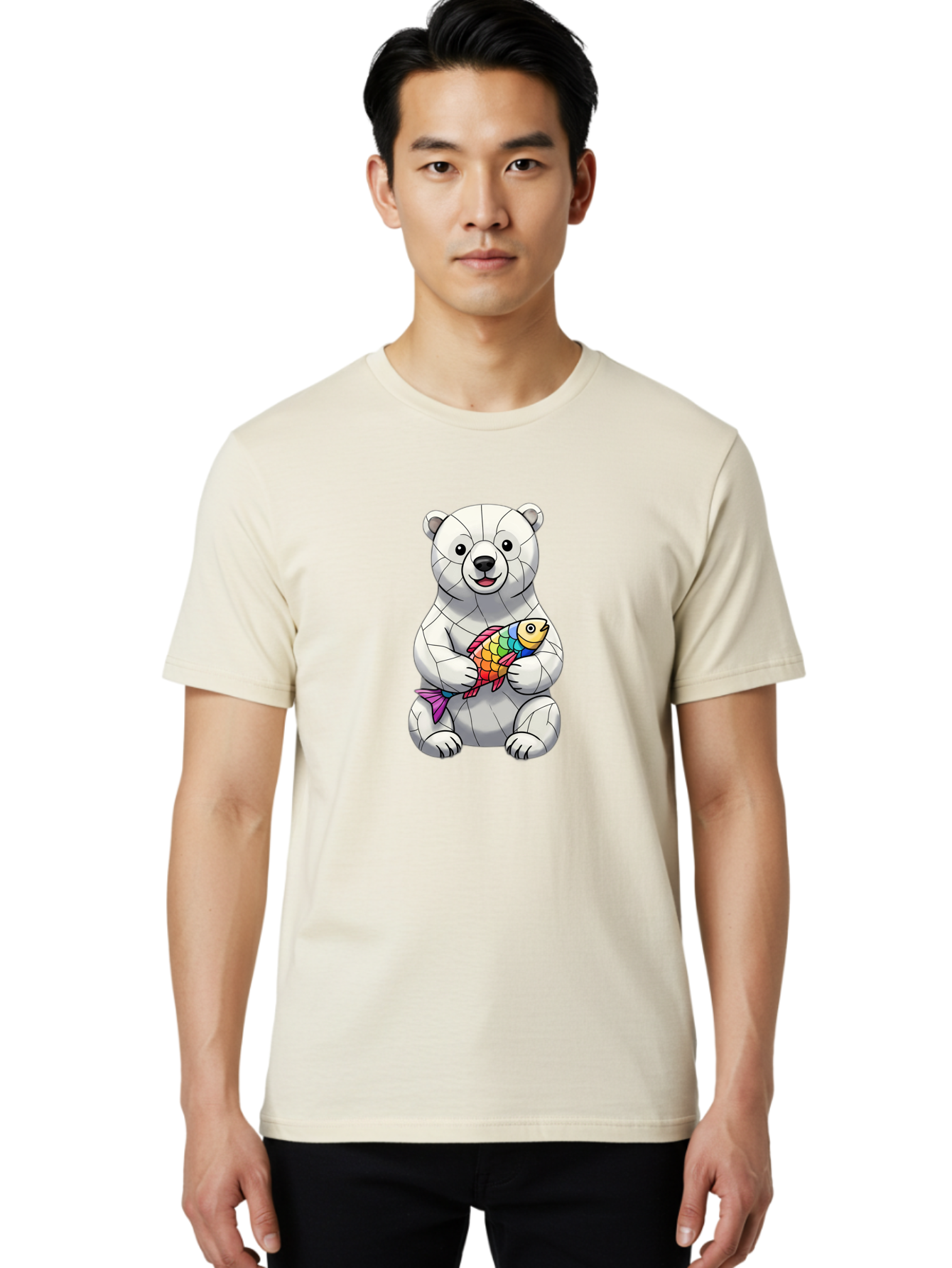 Polar-Bear-With-Fish-2 Men'S Graphic Tee, 100% Cotton, Comfortable Casual Summer Wear, Machine Washable, Polar Bear Holding Koi Fish, Cartoon Polar Bear, Rainbow Fish, White Bear, Colorful Art, Digital Illustration, Cute Bear, Playful Design, Bae671 25