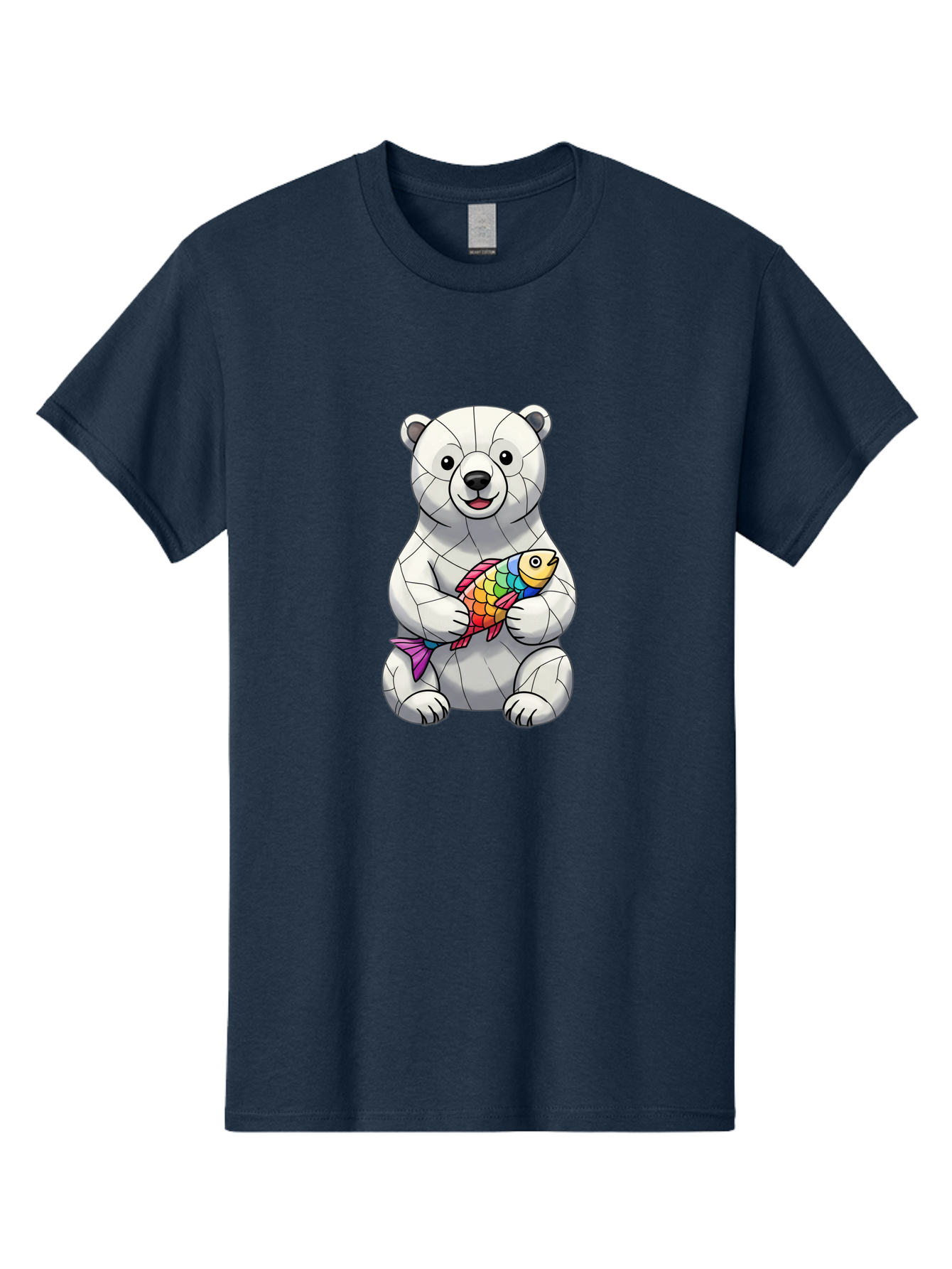 Polar-Bear-With-Fish-2 Men'S Graphic Tee, 100% Cotton, Comfortable Casual Summer Wear, Machine Washable, Polar Bear Holding Koi Fish, Cartoon Polar Bear, Rainbow Fish, White Bear, Colorful Art, Digital Illustration, Cute Bear, Playful Design, Bae671 13