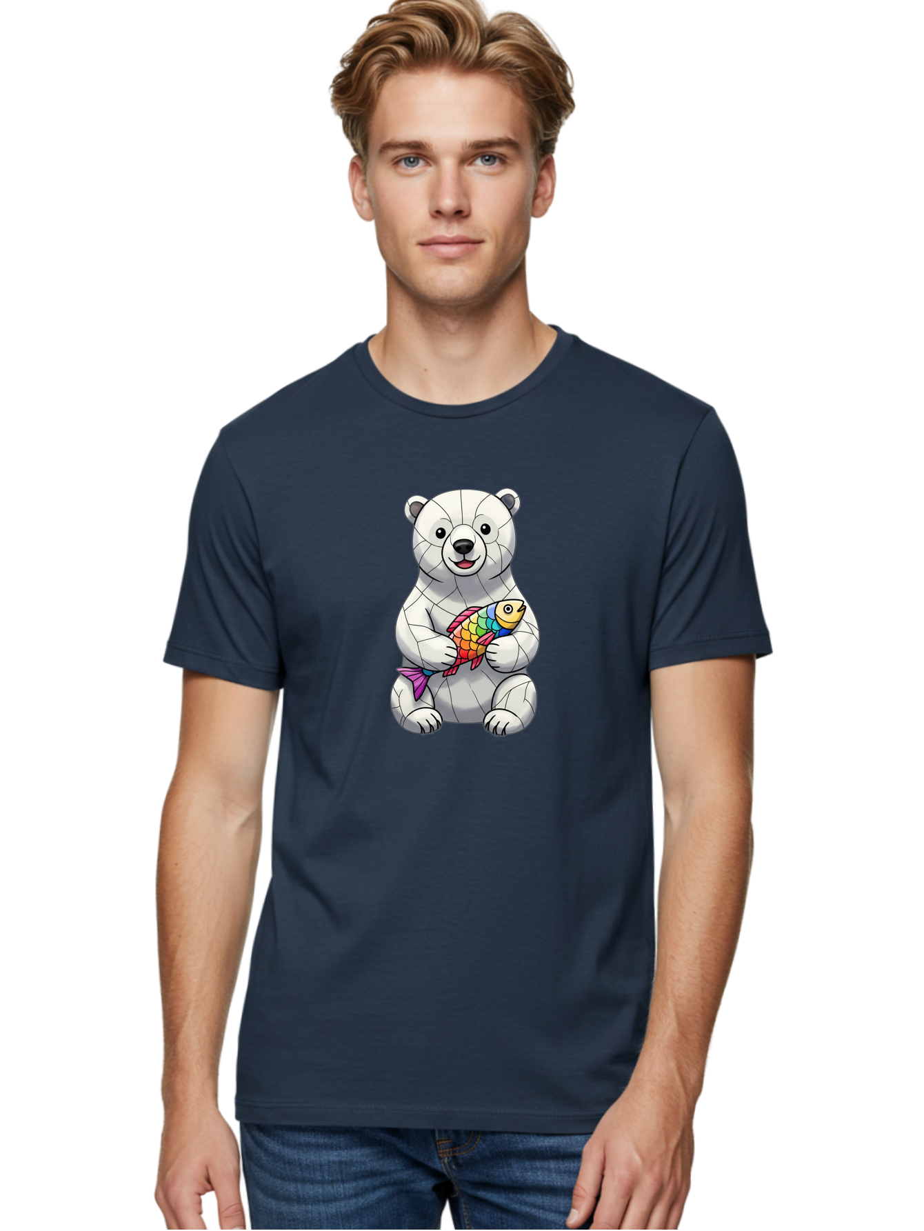 Polar-Bear-With-Fish-2 Men'S Graphic Tee, 100% Cotton, Comfortable Casual Summer Wear, Machine Washable, Polar Bear Holding Koi Fish, Cartoon Polar Bear, Rainbow Fish, White Bear, Colorful Art, Digital Illustration, Cute Bear, Playful Design, Bae671 28