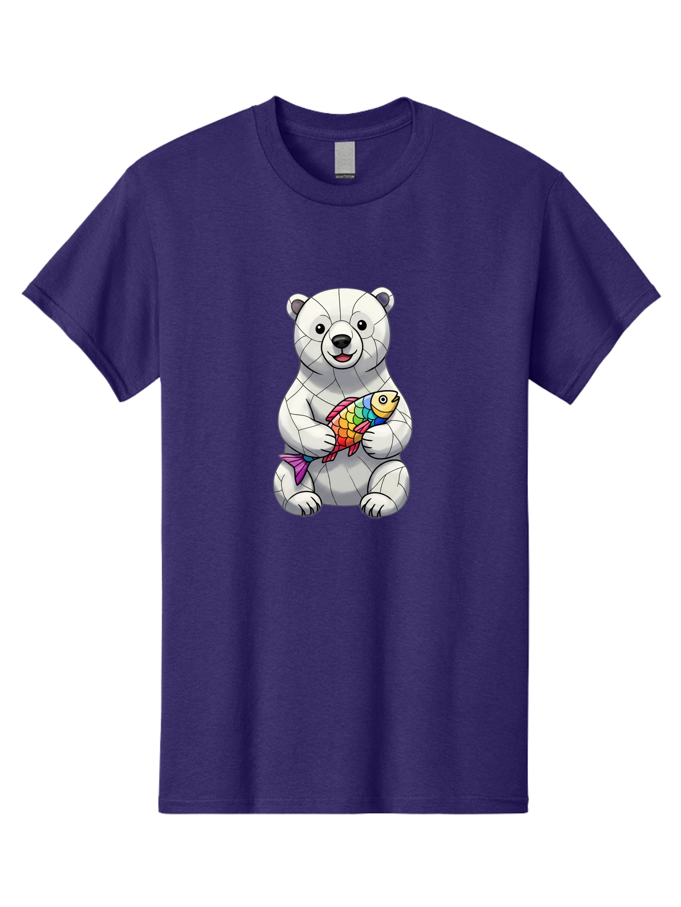 Polar-Bear-With-Fish-2 Men'S Graphic Tee, 100% Cotton, Comfortable Casual Summer Wear, Machine Washable, Polar Bear Holding Koi Fish, Cartoon Polar Bear, Rainbow Fish, White Bear, Colorful Art, Digital Illustration, Cute Bear, Playful Design, Bae671 11