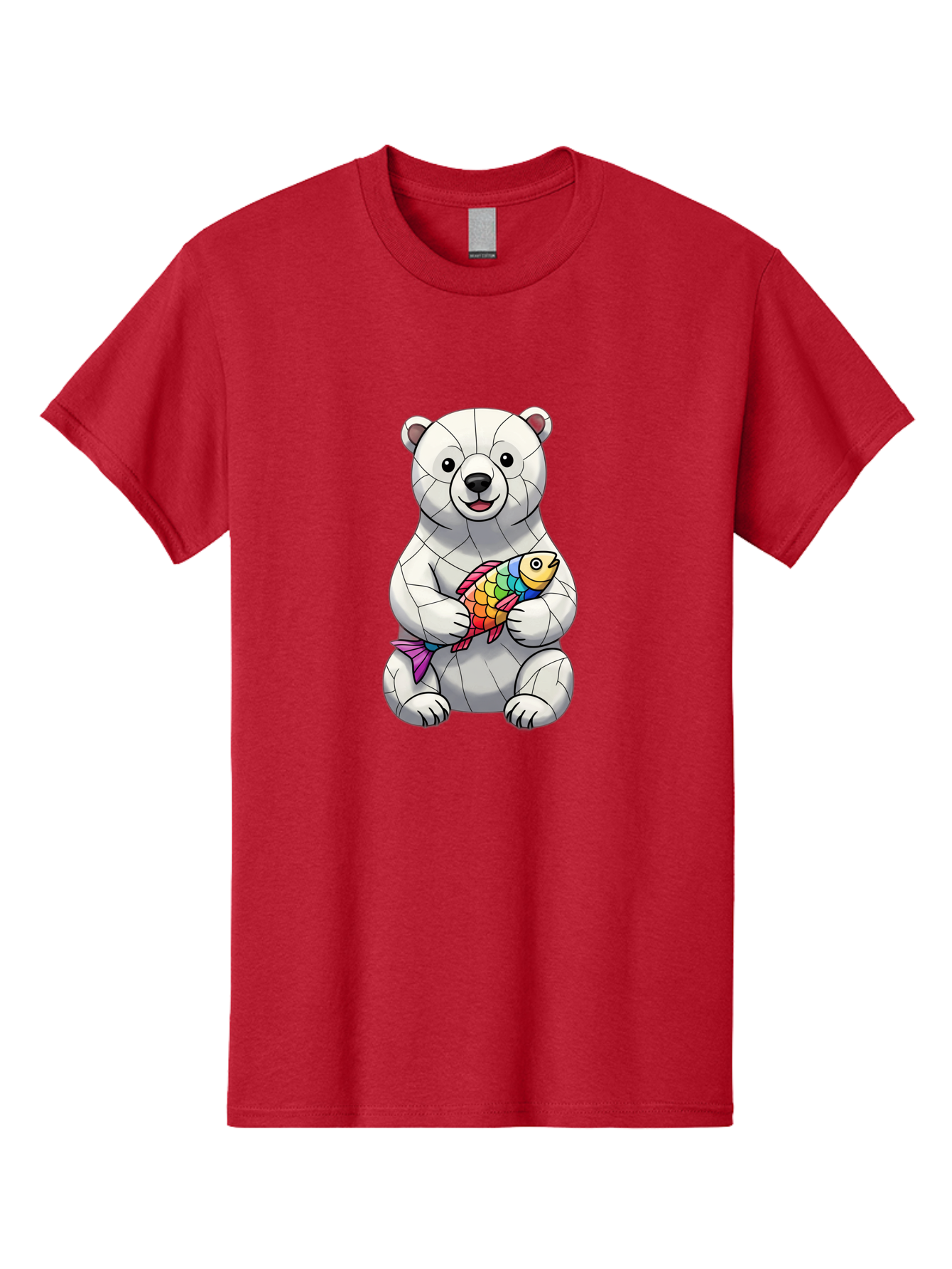 Polar-Bear-With-Fish-2 Men'S Graphic Tee, 100% Cotton, Comfortable Casual Summer Wear, Machine Washable, Polar Bear Holding Koi Fish, Cartoon Polar Bear, Rainbow Fish, White Bear, Colorful Art, Digital Illustration, Cute Bear, Playful Design, Bae671 15