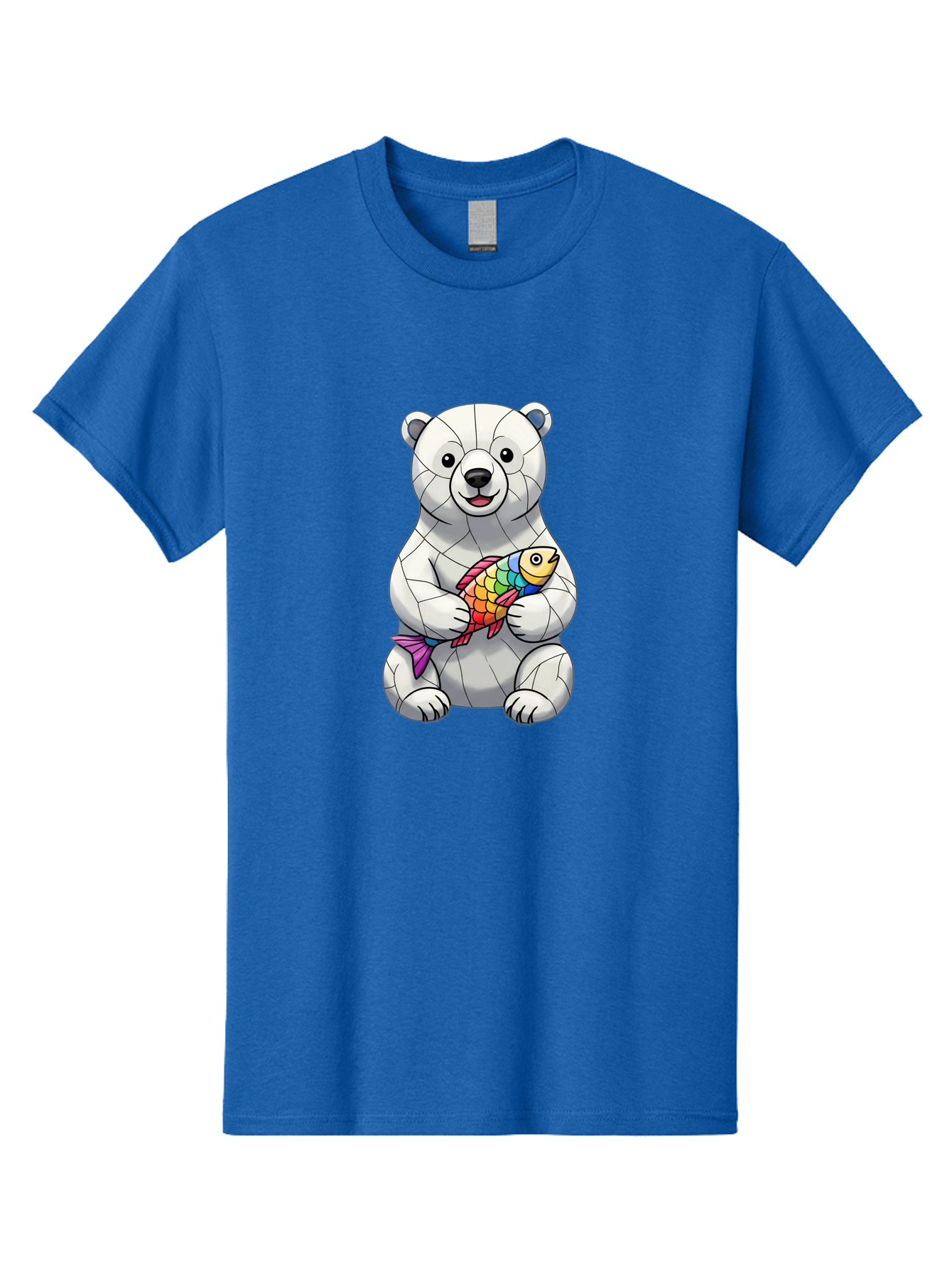 Polar-Bear-With-Fish-2 Men'S Graphic Tee, 100% Cotton, Comfortable Casual Summer Wear, Machine Washable, Polar Bear Holding Koi Fish, Cartoon Polar Bear, Rainbow Fish, White Bear, Colorful Art, Digital Illustration, Cute Bear, Playful Design, Bae671 8