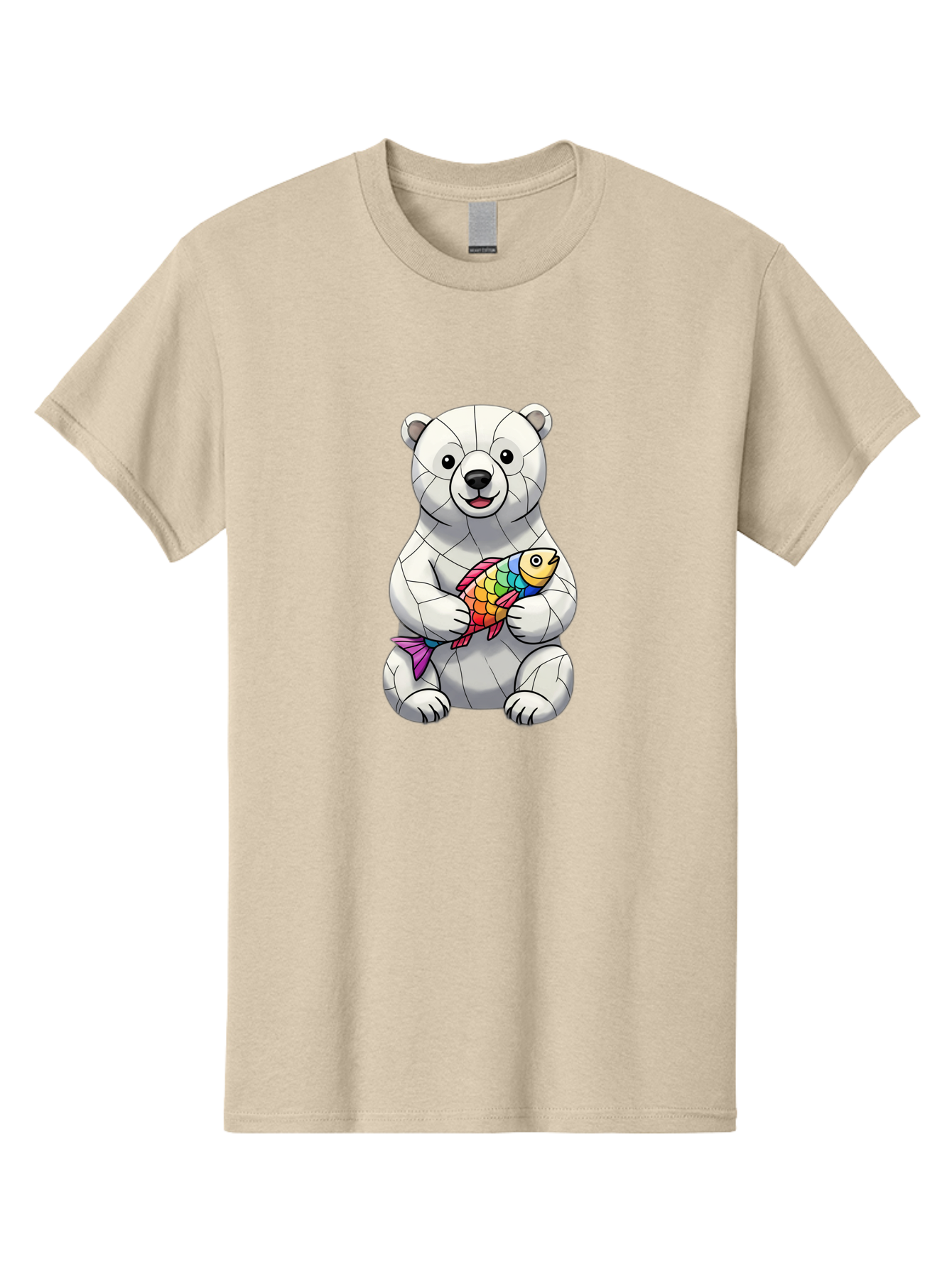 Polar-Bear-With-Fish-2 Men'S Graphic Tee, 100% Cotton, Comfortable Casual Summer Wear, Machine Washable, Polar Bear Holding Koi Fish, Cartoon Polar Bear, Rainbow Fish, White Bear, Colorful Art, Digital Illustration, Cute Bear, Playful Design, Bae671 12