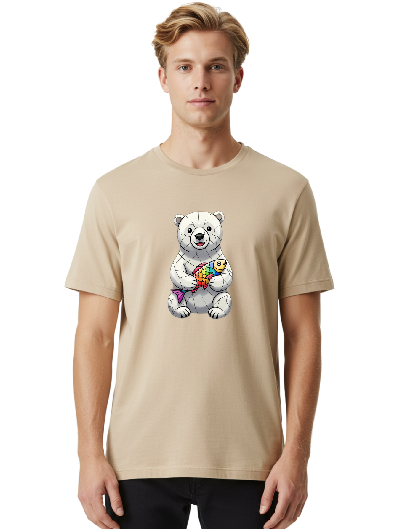 Polar-Bear-With-Fish-2 Men'S Graphic Tee, 100% Cotton, Comfortable Casual Summer Wear, Machine Washable, Polar Bear Holding Koi Fish, Cartoon Polar Bear, Rainbow Fish, White Bear, Colorful Art, Digital Illustration, Cute Bear, Playful Design, Bae671 27