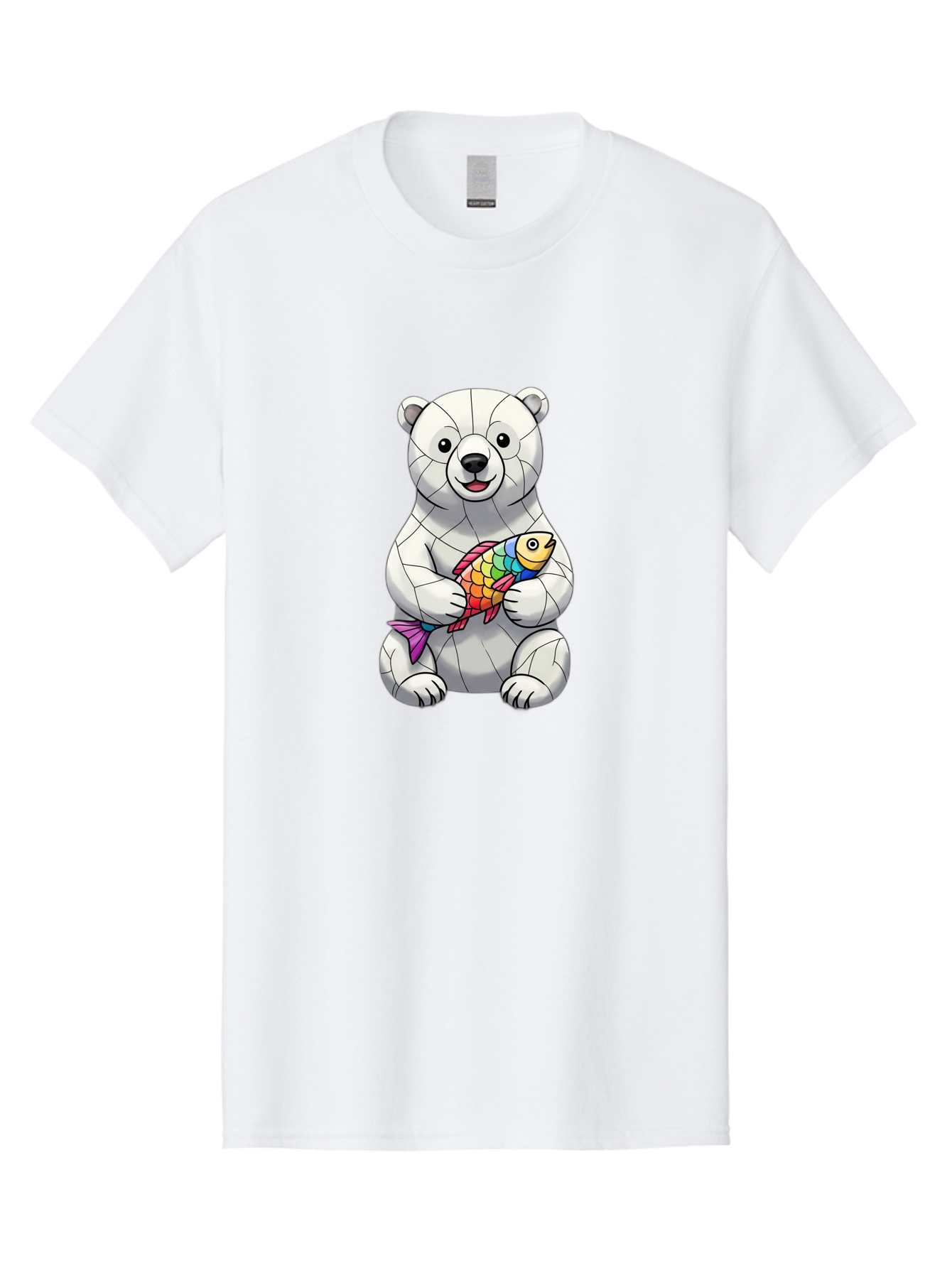 Polar-Bear-With-Fish-2 Men'S Graphic Tee, 100% Cotton, Comfortable Casual Summer Wear, Machine Washable, Polar Bear Holding Koi Fish, Cartoon Polar Bear, Rainbow Fish, White Bear, Colorful Art, Digital Illustration, Cute Bear, Playful Design, Bae671 14