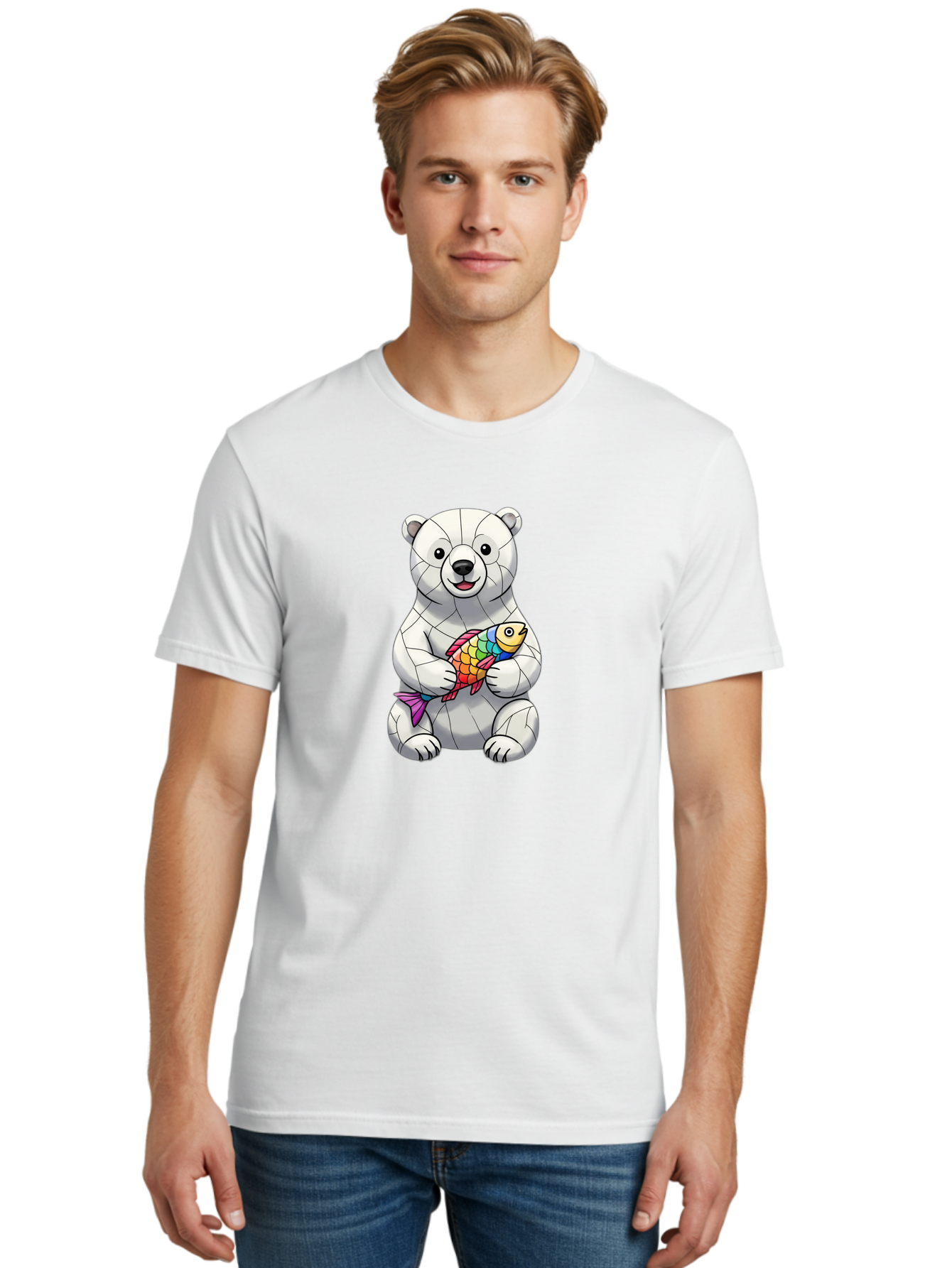 Polar-Bear-With-Fish-2 Men'S Graphic Tee, 100% Cotton, Comfortable Casual Summer Wear, Machine Washable, Polar Bear Holding Koi Fish, Cartoon Polar Bear, Rainbow Fish, White Bear, Colorful Art, Digital Illustration, Cute Bear, Playful Design, Bae671 29