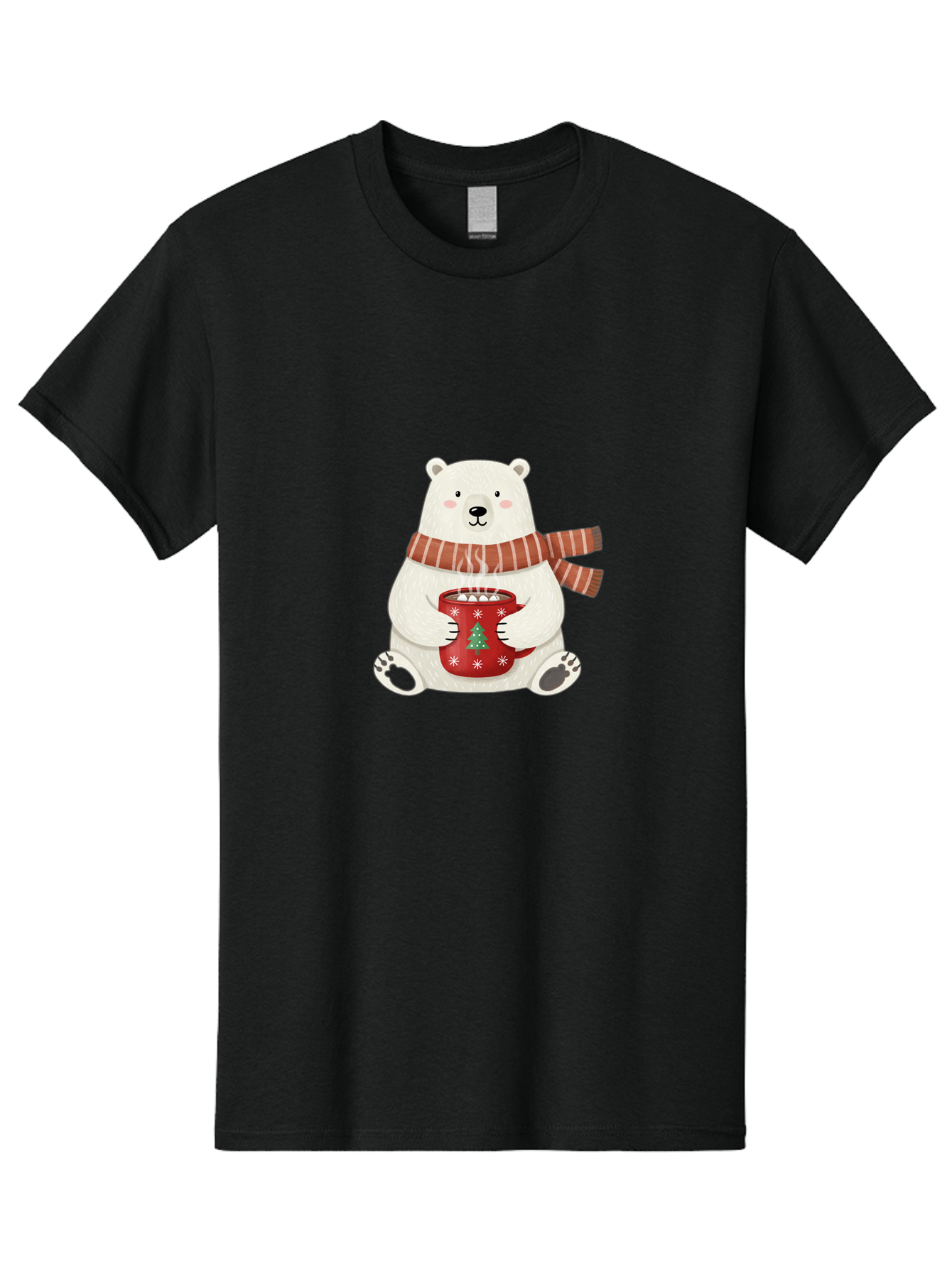 Polar-Bear-With-Mug Men'S Graphic Tee, 100% Cotton, Comfortable Casual Summer Wear, Machine Washable, Polar Bear, Winter Scene, Festive Scarf, Christmas Mug, Hot Chocolate, White Snowflakes, Red Mug, Green Christmas Tree, Cold Climate, Bae676 2