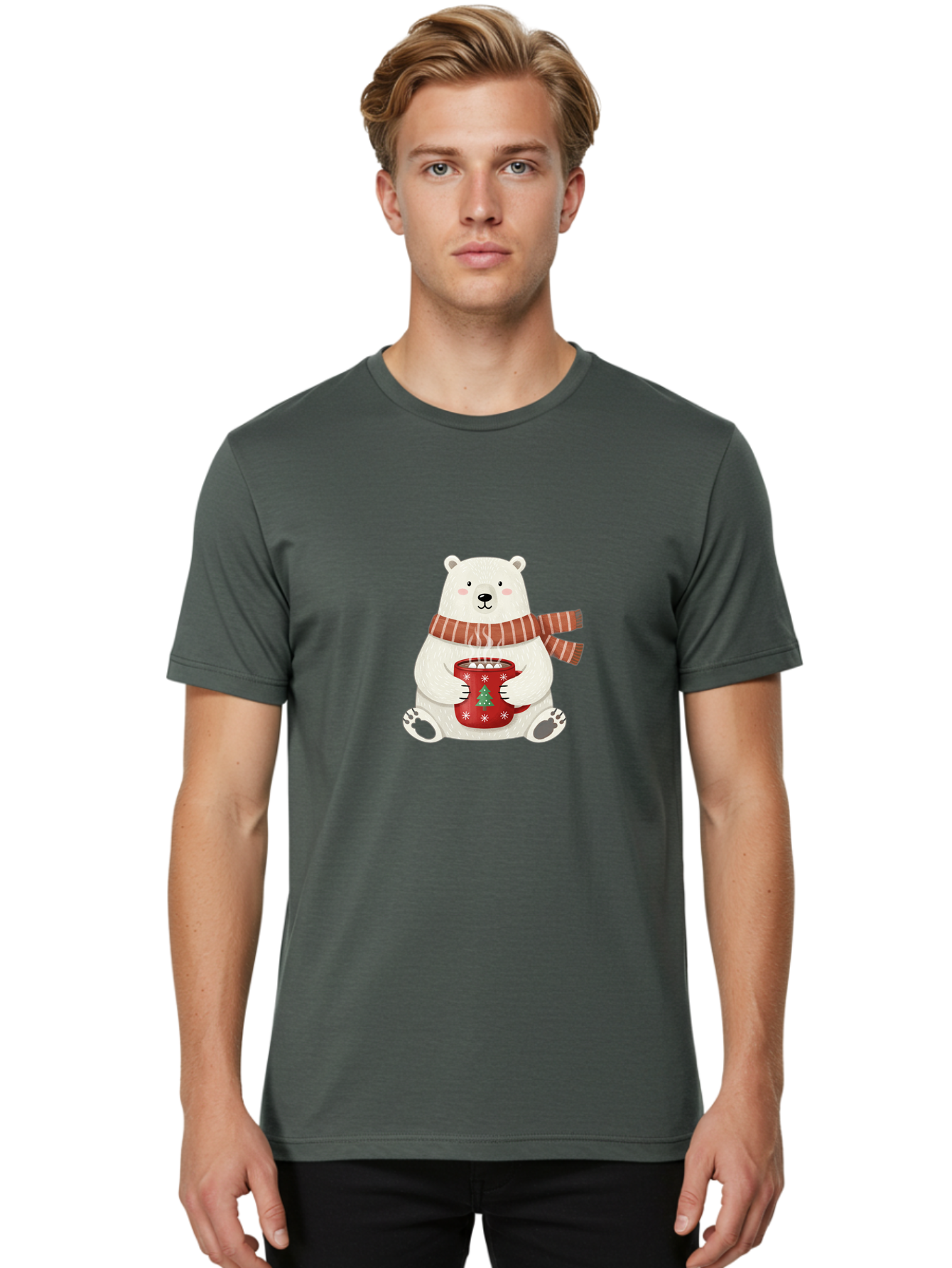 Polar-Bear-With-Mug Men'S Graphic Tee, 100% Cotton, Comfortable Casual Summer Wear, Machine Washable, Polar Bear, Winter Scene, Festive Scarf, Christmas Mug, Hot Chocolate, White Snowflakes, Red Mug, Green Christmas Tree, Cold Climate, Bae676 25