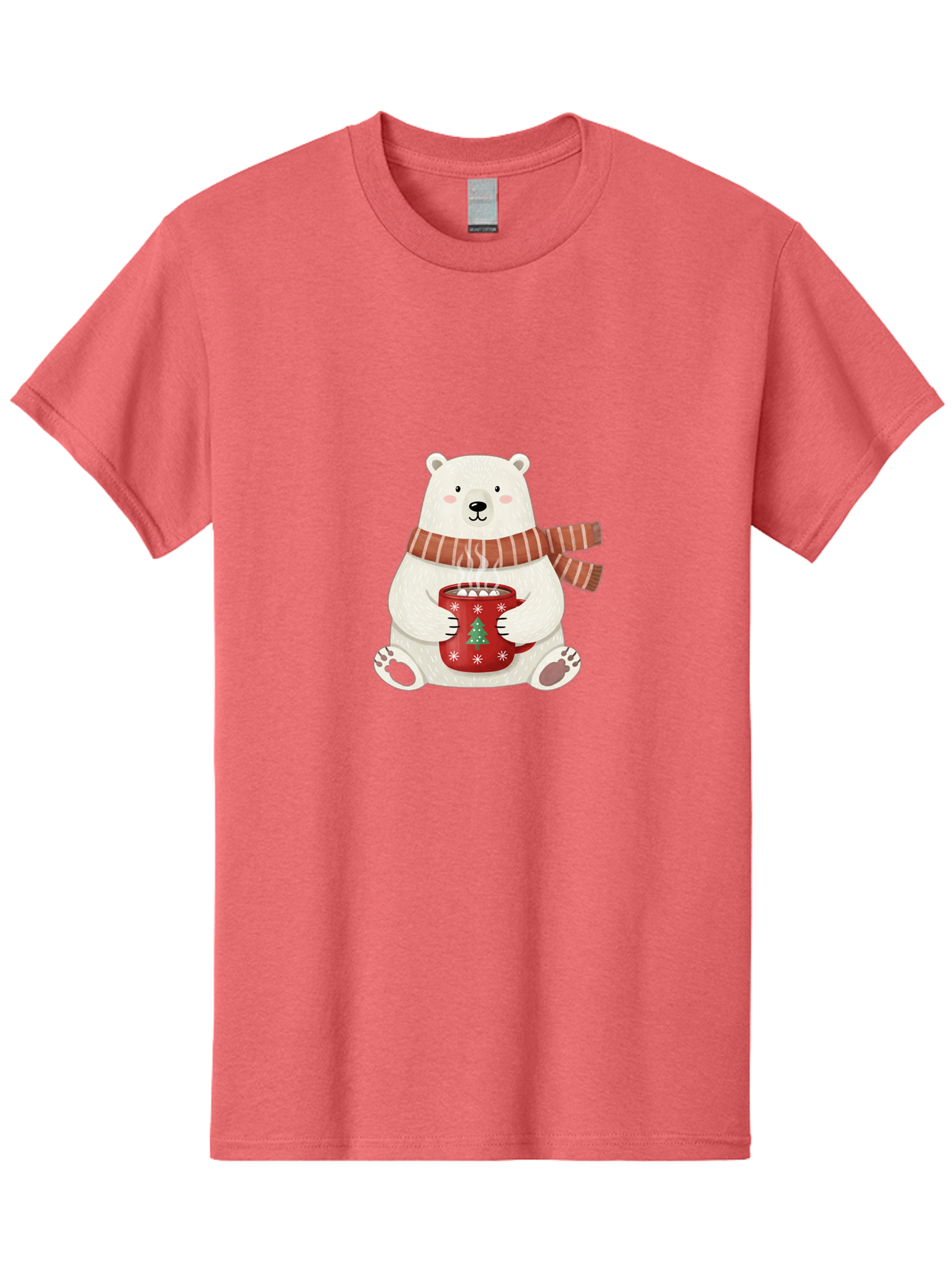 Polar-Bear-With-Mug Men'S Graphic Tee, 100% Cotton, Comfortable Casual Summer Wear, Machine Washable, Polar Bear, Winter Scene, Festive Scarf, Christmas Mug, Hot Chocolate, White Snowflakes, Red Mug, Green Christmas Tree, Cold Climate, Bae676 15