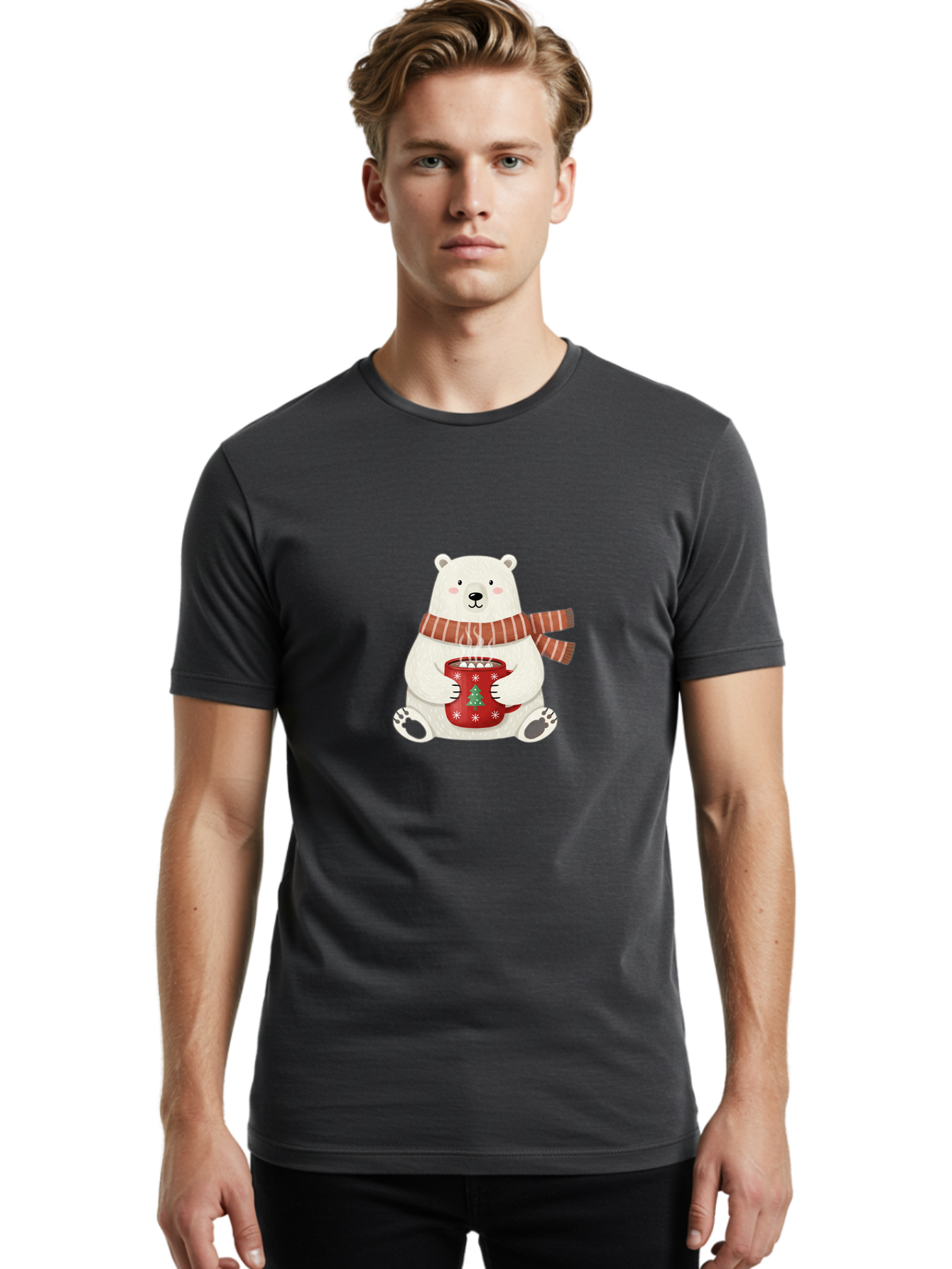 Polar-Bear-With-Mug Men'S Graphic Tee, 100% Cotton, Comfortable Casual Summer Wear, Machine Washable, Polar Bear, Winter Scene, Festive Scarf, Christmas Mug, Hot Chocolate, White Snowflakes, Red Mug, Green Christmas Tree, Cold Climate, Bae676 21