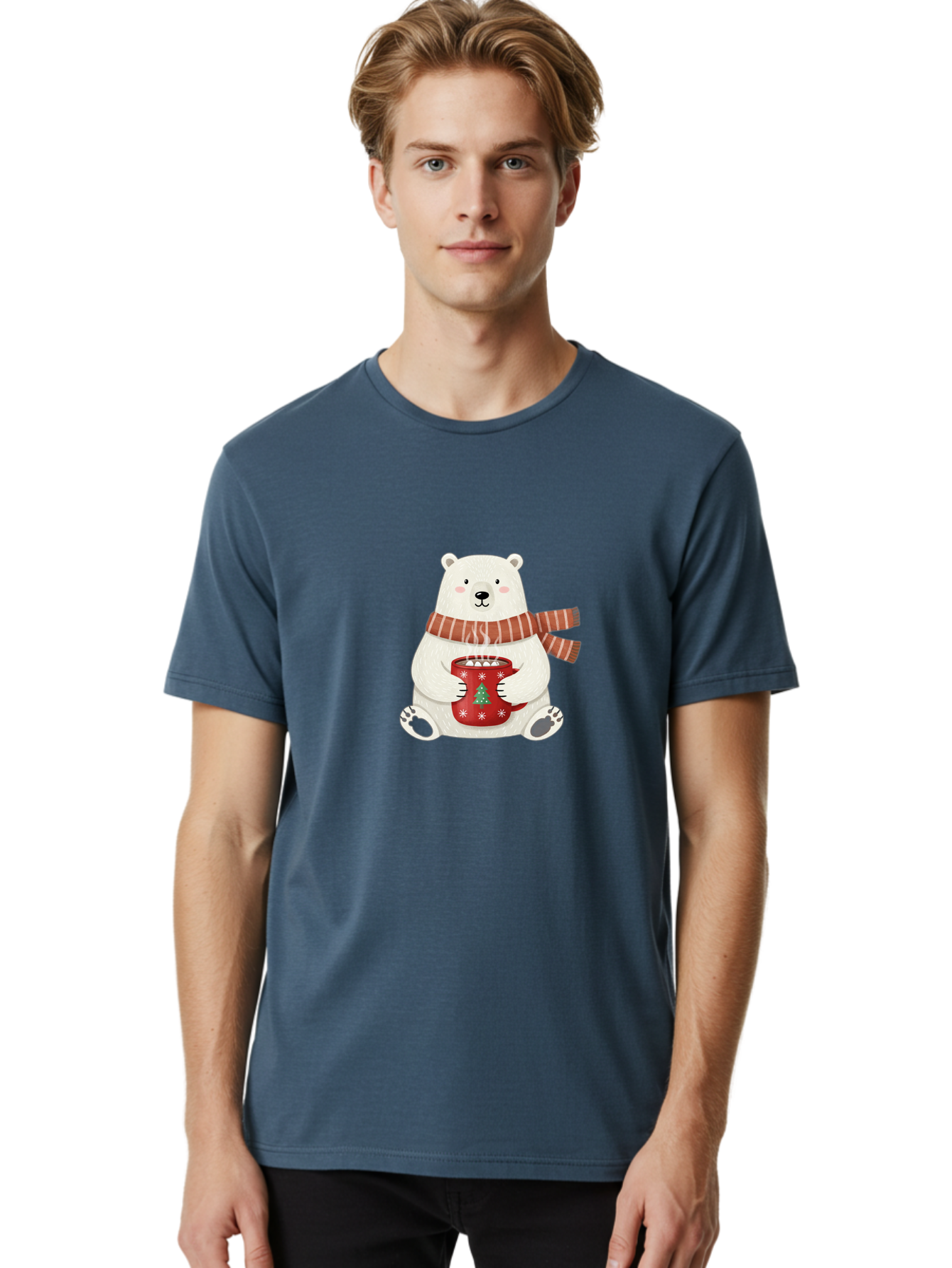 Polar-Bear-With-Mug Men'S Graphic Tee, 100% Cotton, Comfortable Casual Summer Wear, Machine Washable, Polar Bear, Winter Scene, Festive Scarf, Christmas Mug, Hot Chocolate, White Snowflakes, Red Mug, Green Christmas Tree, Cold Climate, Bae676 26
