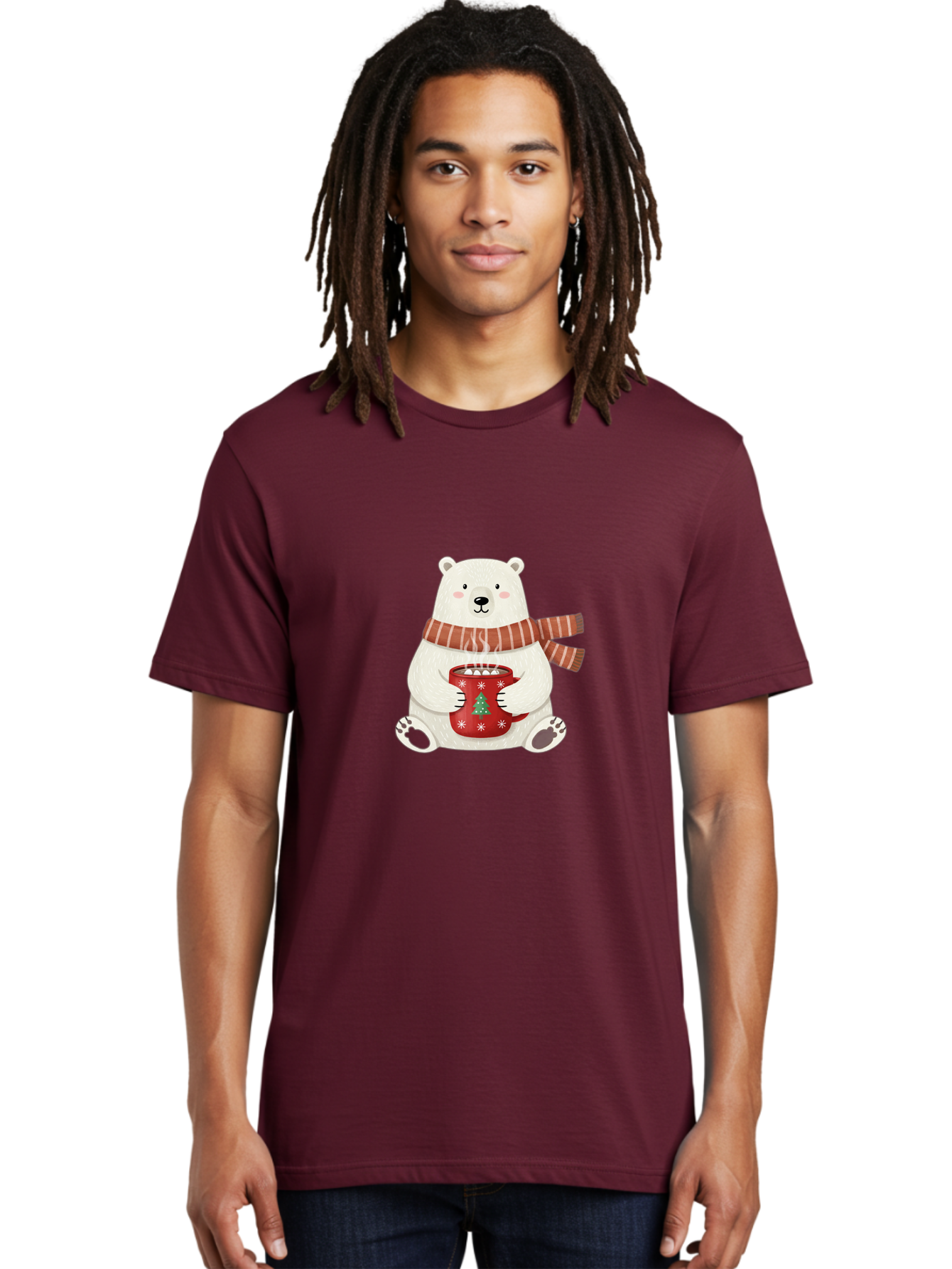 Polar-Bear-With-Mug Men'S Graphic Tee, 100% Cotton, Comfortable Casual Summer Wear, Machine Washable, Polar Bear, Winter Scene, Festive Scarf, Christmas Mug, Hot Chocolate, White Snowflakes, Red Mug, Green Christmas Tree, Cold Climate, Bae676 23