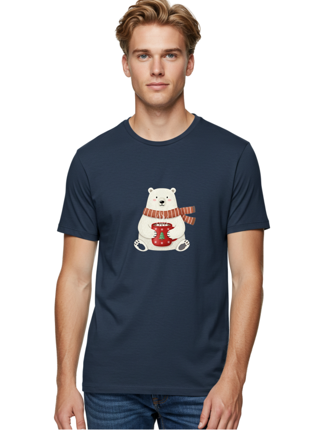 Polar-Bear-With-Mug Men'S Graphic Tee, 100% Cotton, Comfortable Casual Summer Wear, Machine Washable, Polar Bear, Winter Scene, Festive Scarf, Christmas Mug, Hot Chocolate, White Snowflakes, Red Mug, Green Christmas Tree, Cold Climate, Bae676 29