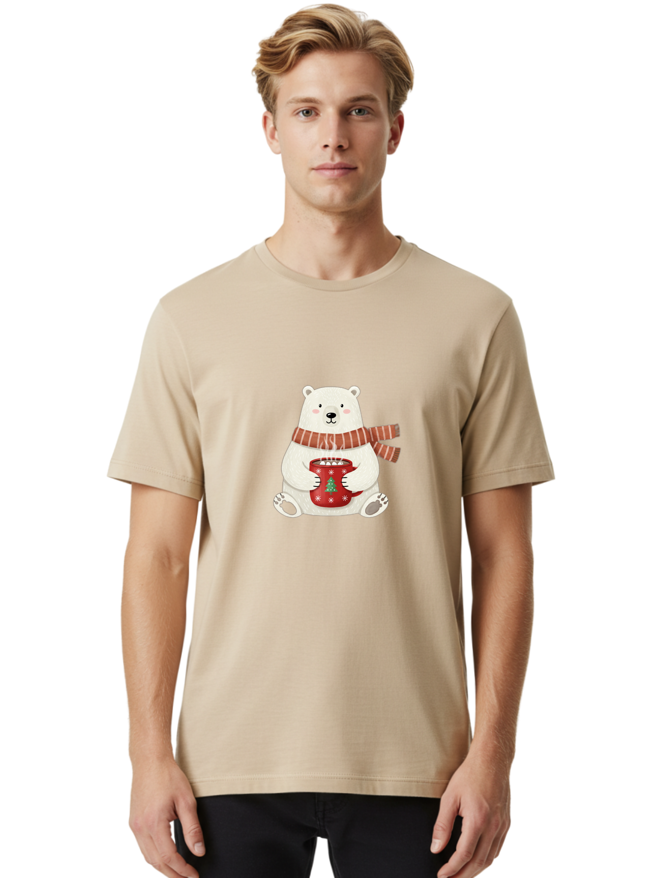 Polar-Bear-With-Mug Men'S Graphic Tee, 100% Cotton, Comfortable Casual Summer Wear, Machine Washable, Polar Bear, Winter Scene, Festive Scarf, Christmas Mug, Hot Chocolate, White Snowflakes, Red Mug, Green Christmas Tree, Cold Climate, Bae676 19
