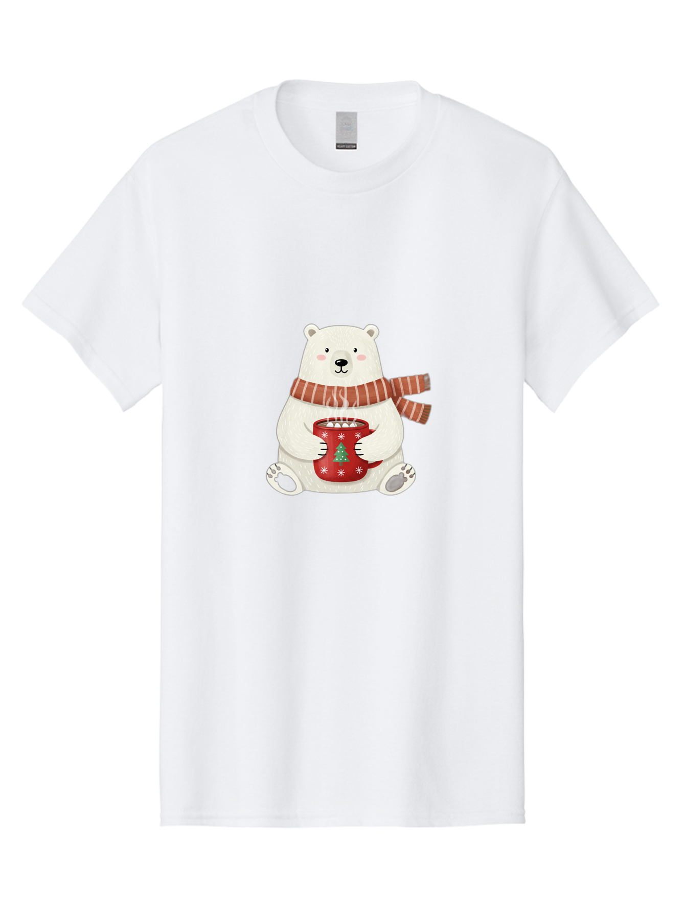 Polar-Bear-With-Mug Men'S Graphic Tee, 100% Cotton, Comfortable Casual Summer Wear, Machine Washable, Polar Bear, Winter Scene, Festive Scarf, Christmas Mug, Hot Chocolate, White Snowflakes, Red Mug, Green Christmas Tree, Cold Climate, Bae676 3