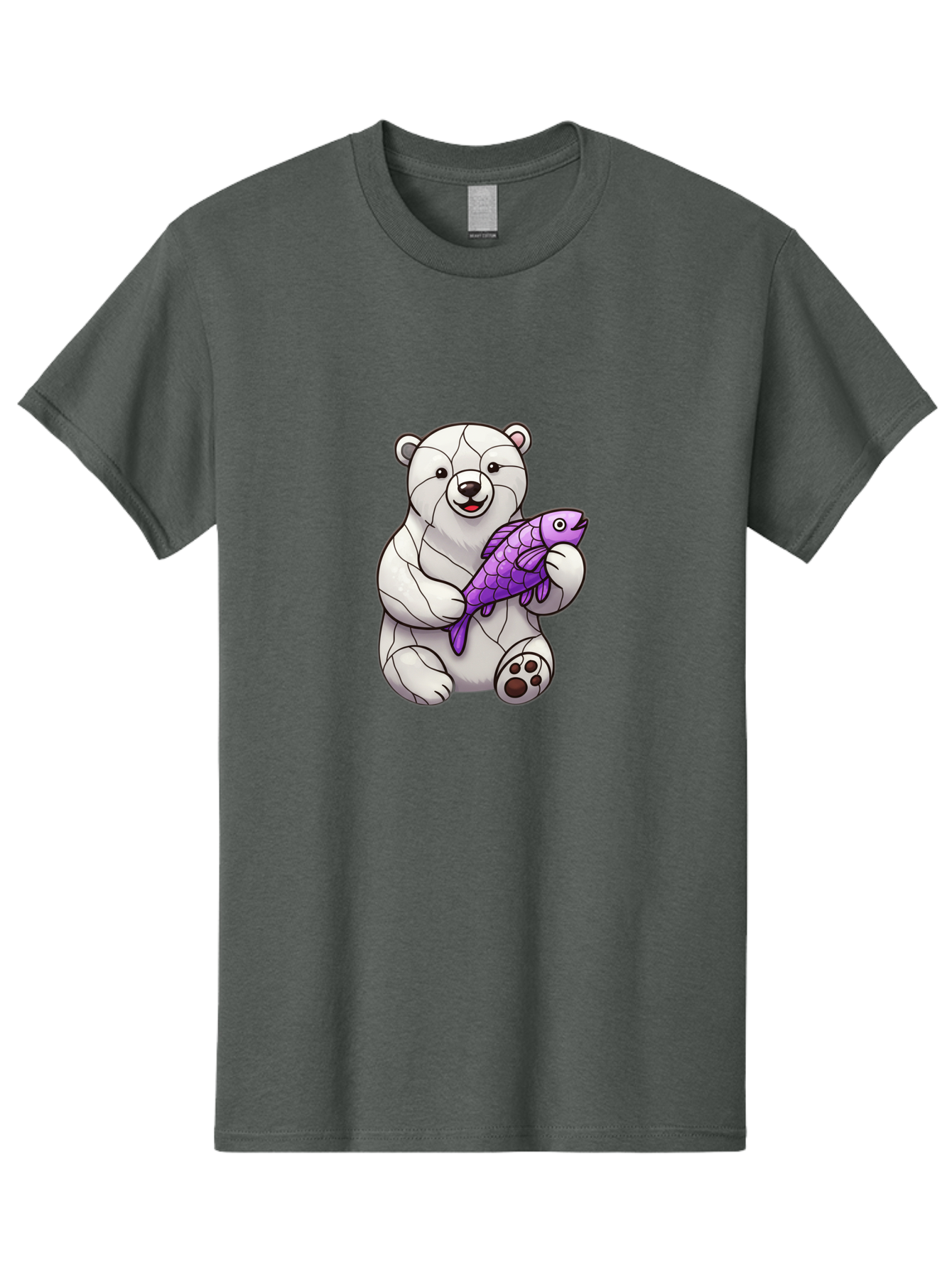 Polar-Bear-With-Purple-Fish-1 Men'S Graphic Tee, 100% Cotton, Comfortable Casual Summer Wear, Machine Washable, Cartoon Polar Bear, White Bear, Holding Purple Fish, Happy Animal, Playful Creature, Funny Illustration, Animal Graphics, Bae677 15