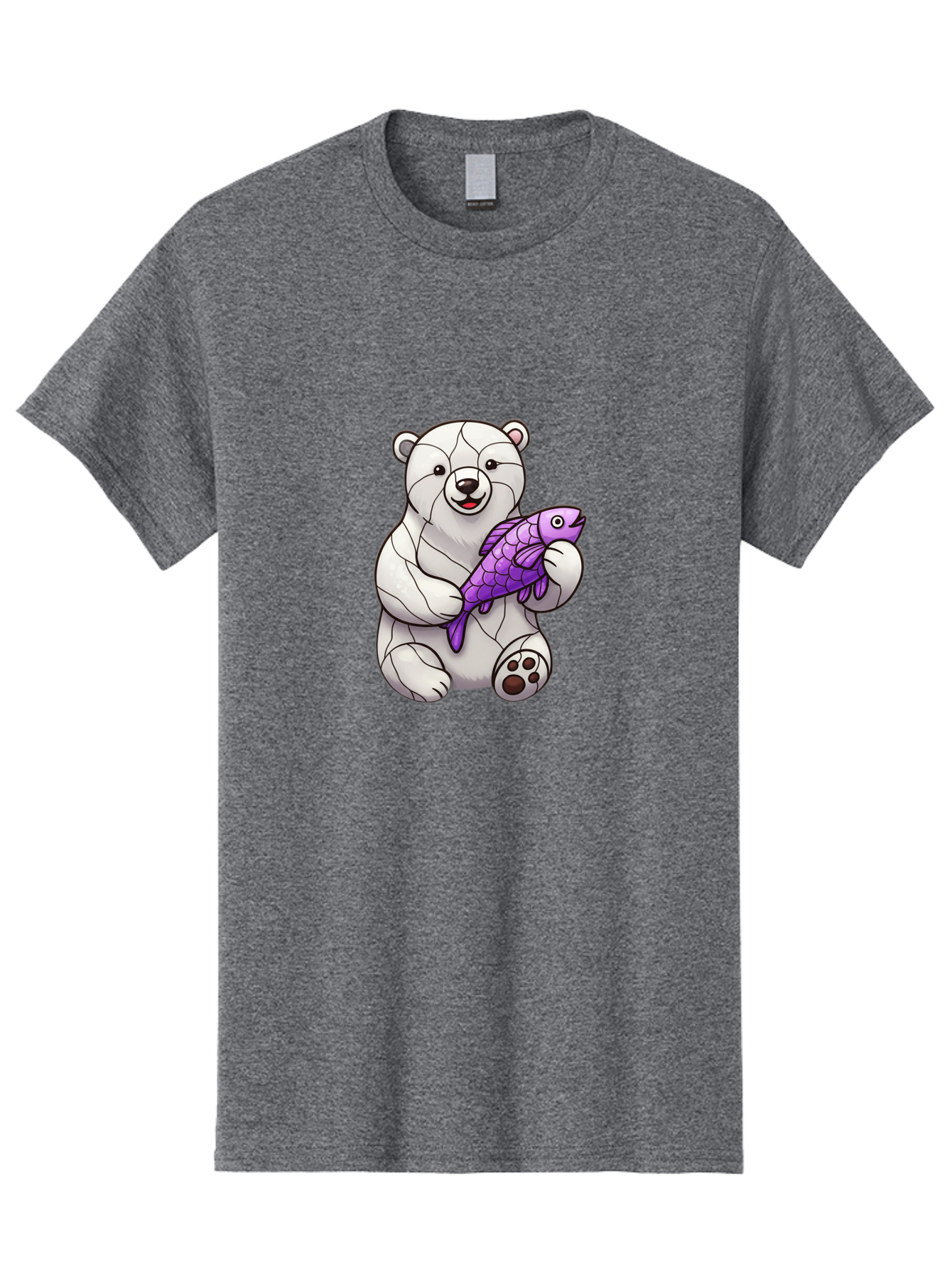 Polar-Bear-With-Purple-Fish-1 Men'S Graphic Tee, 100% Cotton, Comfortable Casual Summer Wear, Machine Washable, Cartoon Polar Bear, White Bear, Holding Purple Fish, Happy Animal, Playful Creature, Funny Illustration, Animal Graphics, Bae677 7