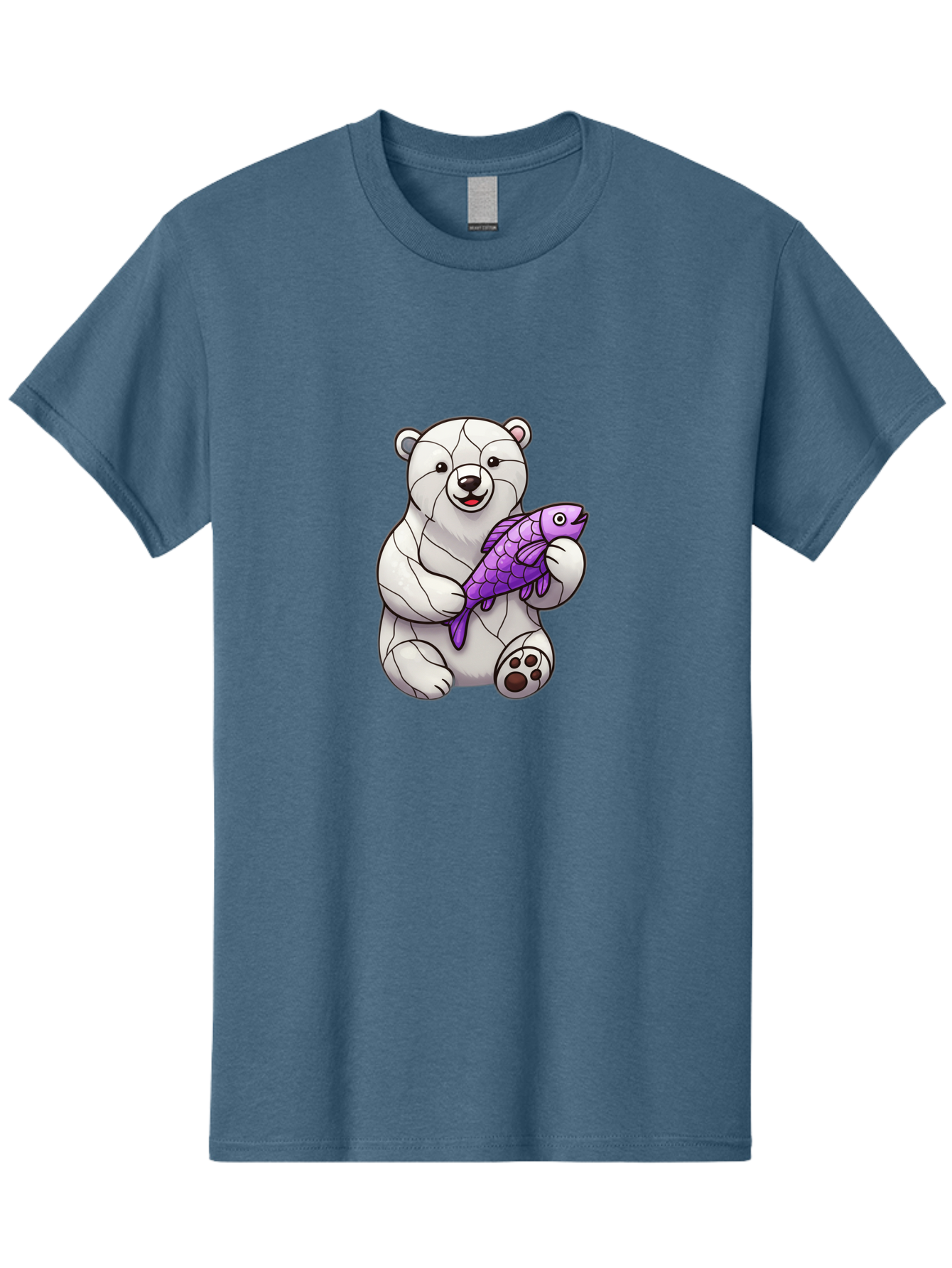 Polar-Bear-With-Purple-Fish-1 Men'S Graphic Tee, 100% Cotton, Comfortable Casual Summer Wear, Machine Washable, Cartoon Polar Bear, White Bear, Holding Purple Fish, Happy Animal, Playful Creature, Funny Illustration, Animal Graphics, Bae677 9
