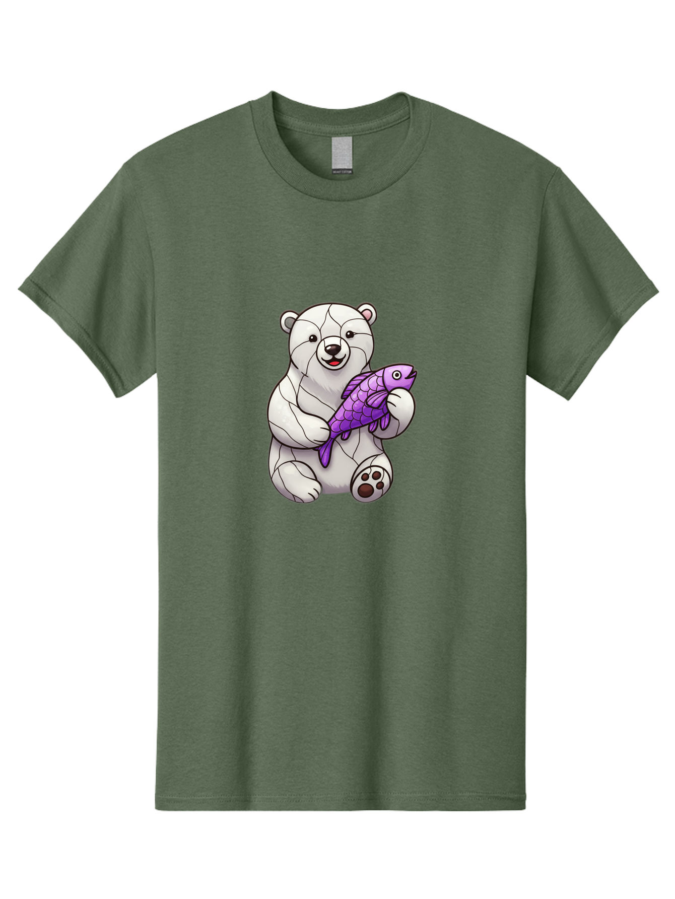 Polar-Bear-With-Purple-Fish-1 Men'S Graphic Tee, 100% Cotton, Comfortable Casual Summer Wear, Machine Washable, Cartoon Polar Bear, White Bear, Holding Purple Fish, Happy Animal, Playful Creature, Funny Illustration, Animal Graphics, Bae677 3